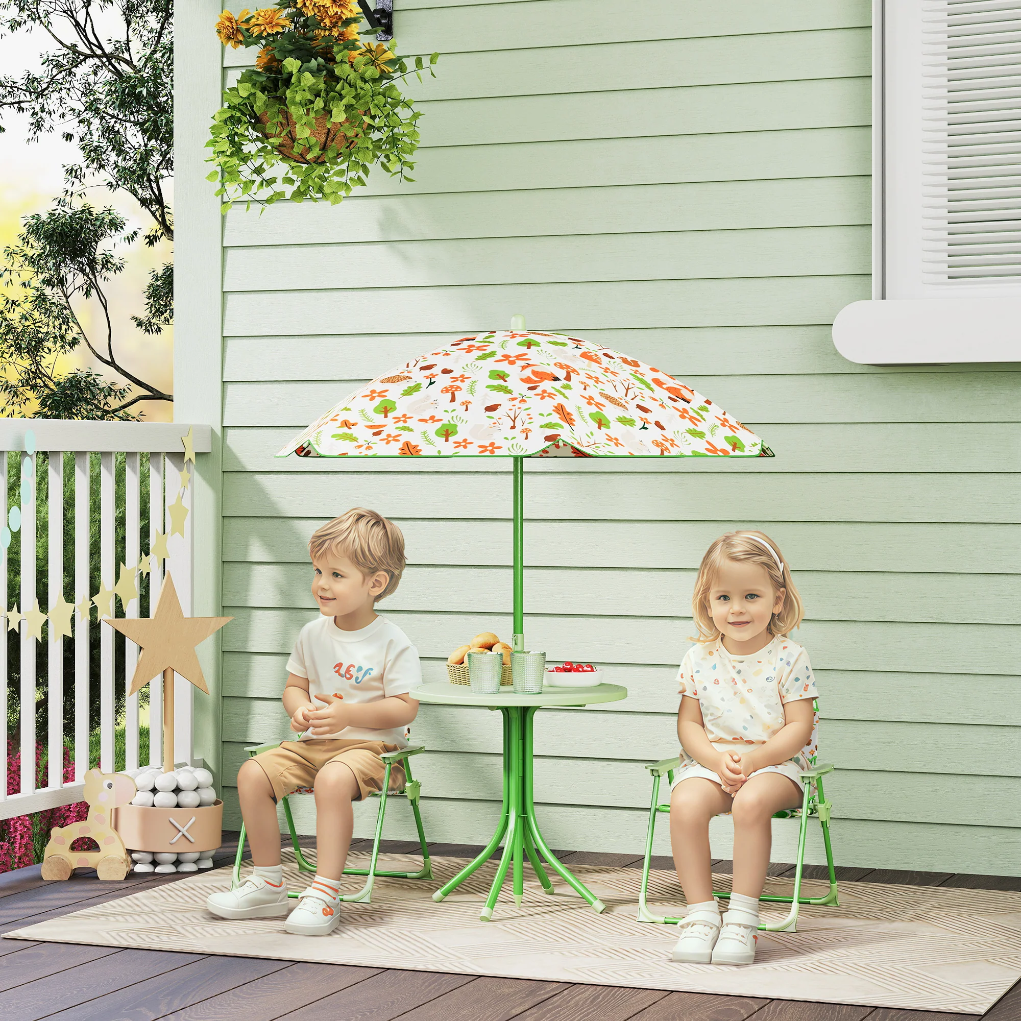 AIYAPLAY Kids Garden Table and Chair Set, Outdoor Patio Set w/ Parasol Green - Image 2