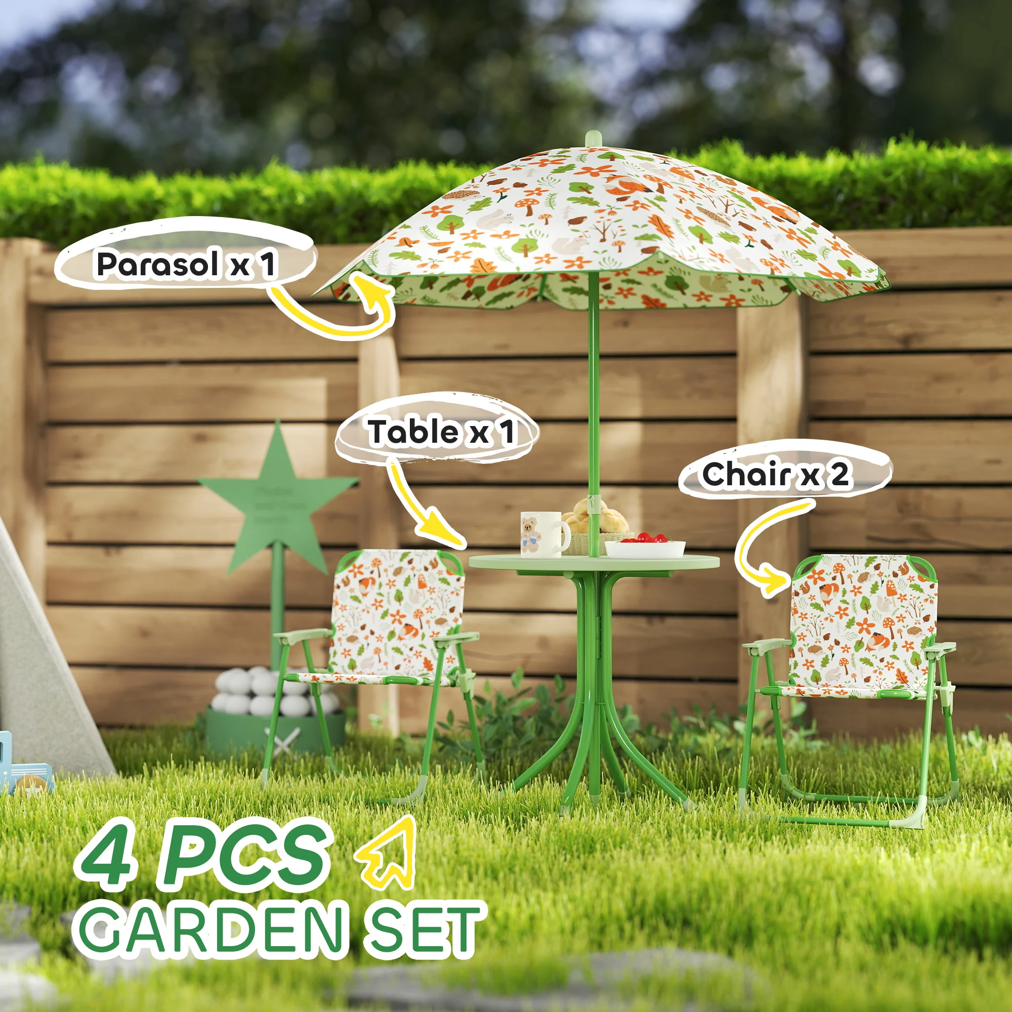AIYAPLAY Kids Garden Table and Chair Set, Outdoor Patio Set w/ Parasol Green - Image 3