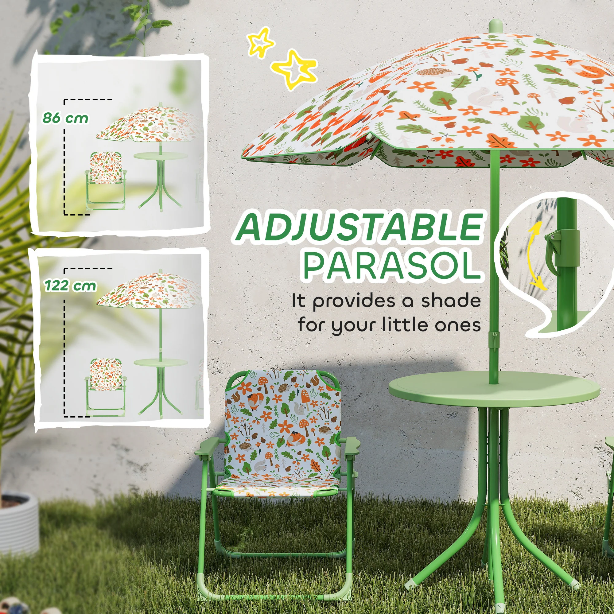 AIYAPLAY Kids Garden Table and Chair Set, Outdoor Patio Set w/ Parasol Green - Image 4