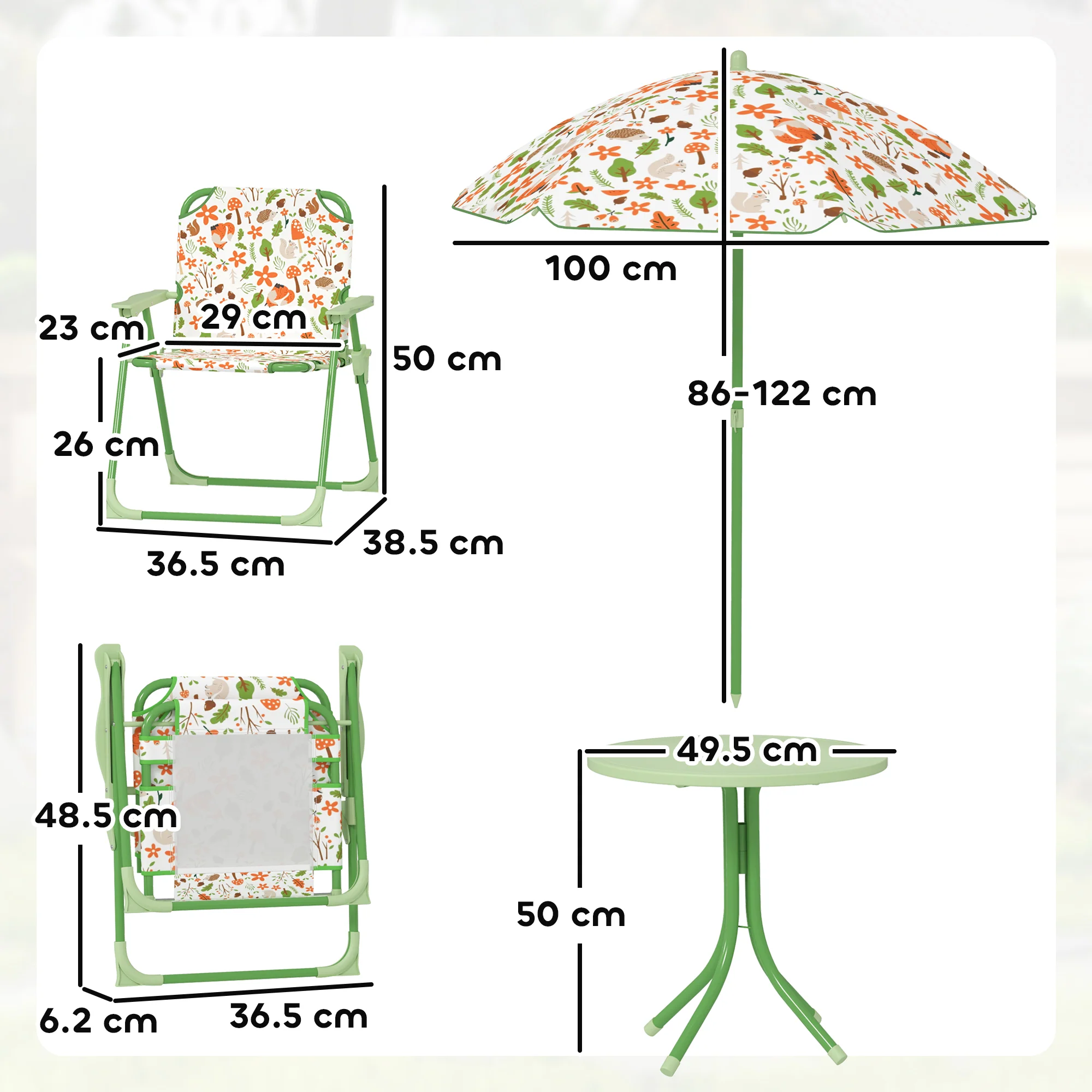 AIYAPLAY Kids Garden Table and Chair Set, Outdoor Patio Set w/ Parasol Green - Image 5