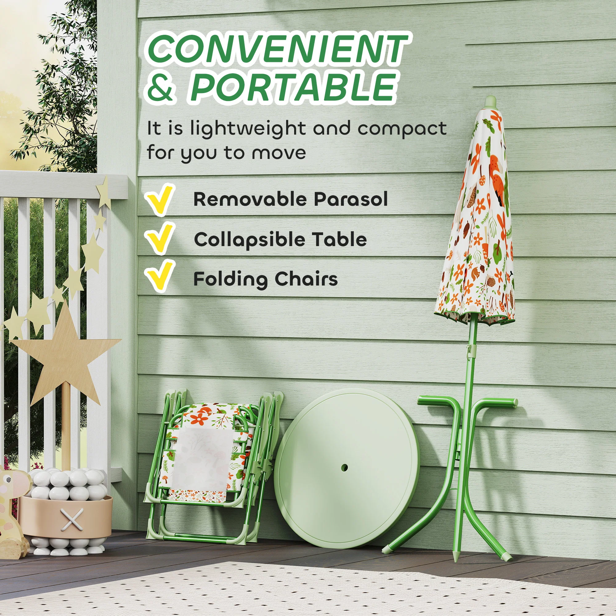 AIYAPLAY Kids Garden Table and Chair Set, Outdoor Patio Set w/ Parasol Green - Image 6