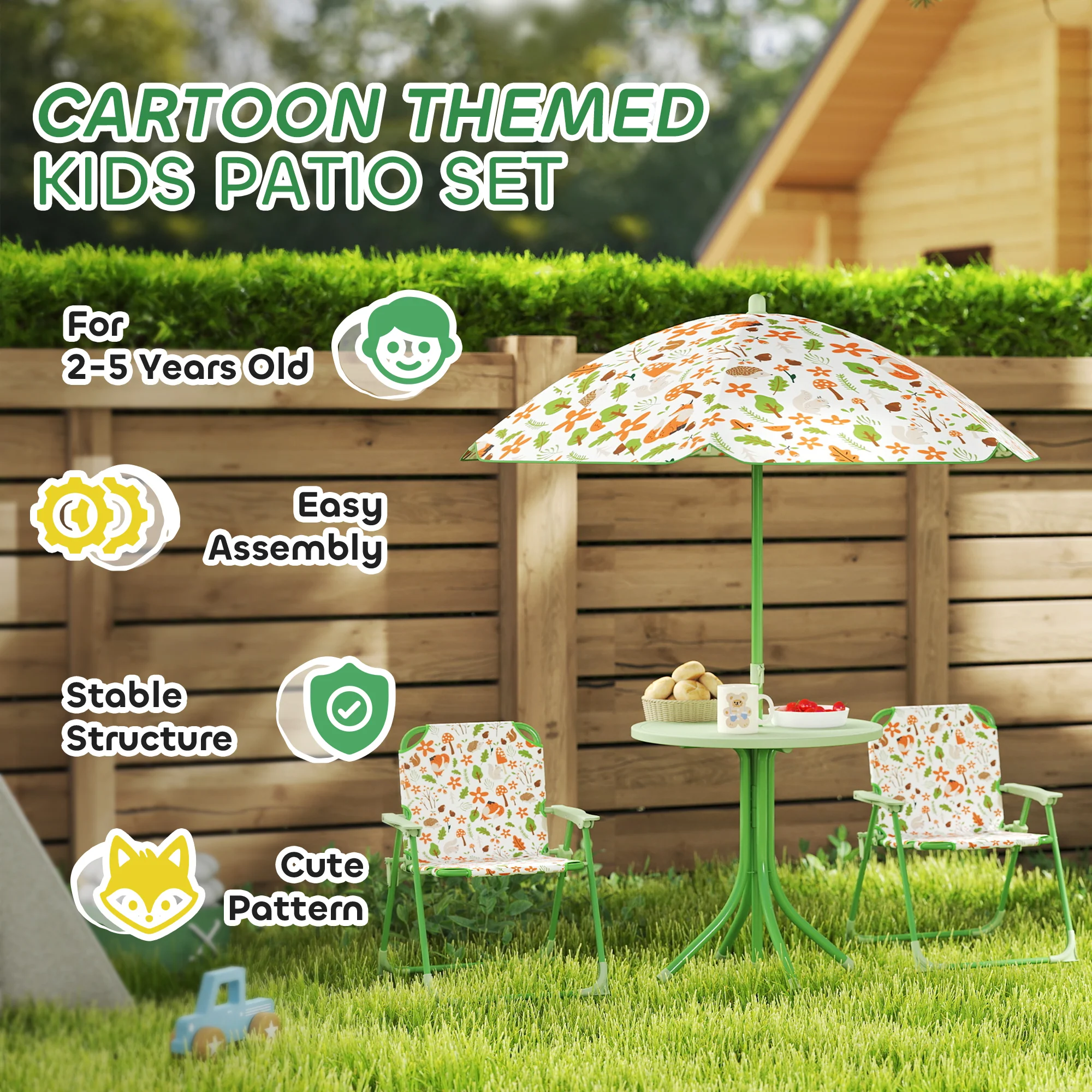 AIYAPLAY Kids Garden Table and Chair Set, Outdoor Patio Set w/ Parasol Green - Image 7