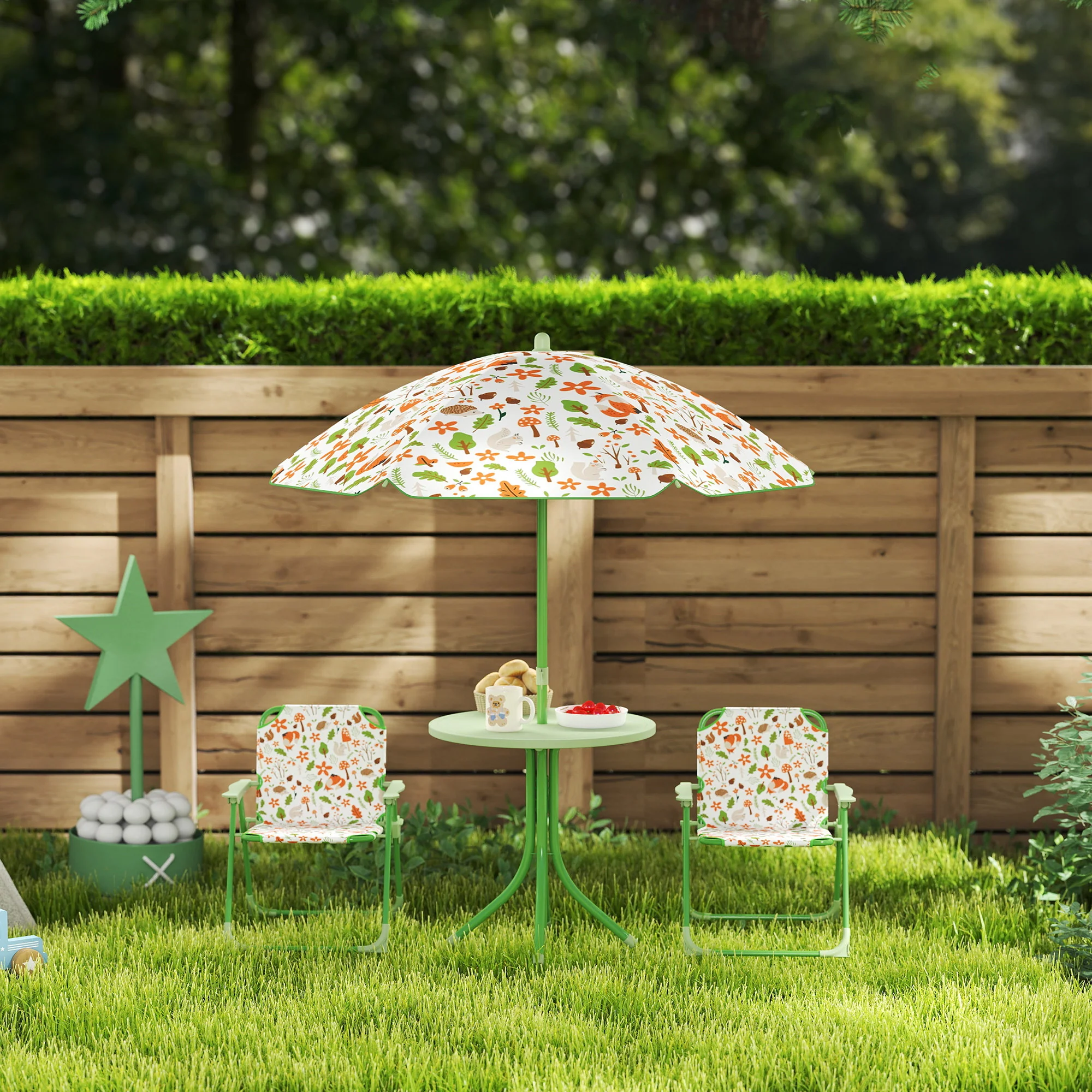 AIYAPLAY Kids Garden Table and Chair Set, Outdoor Patio Set w/ Parasol Green - Image 9