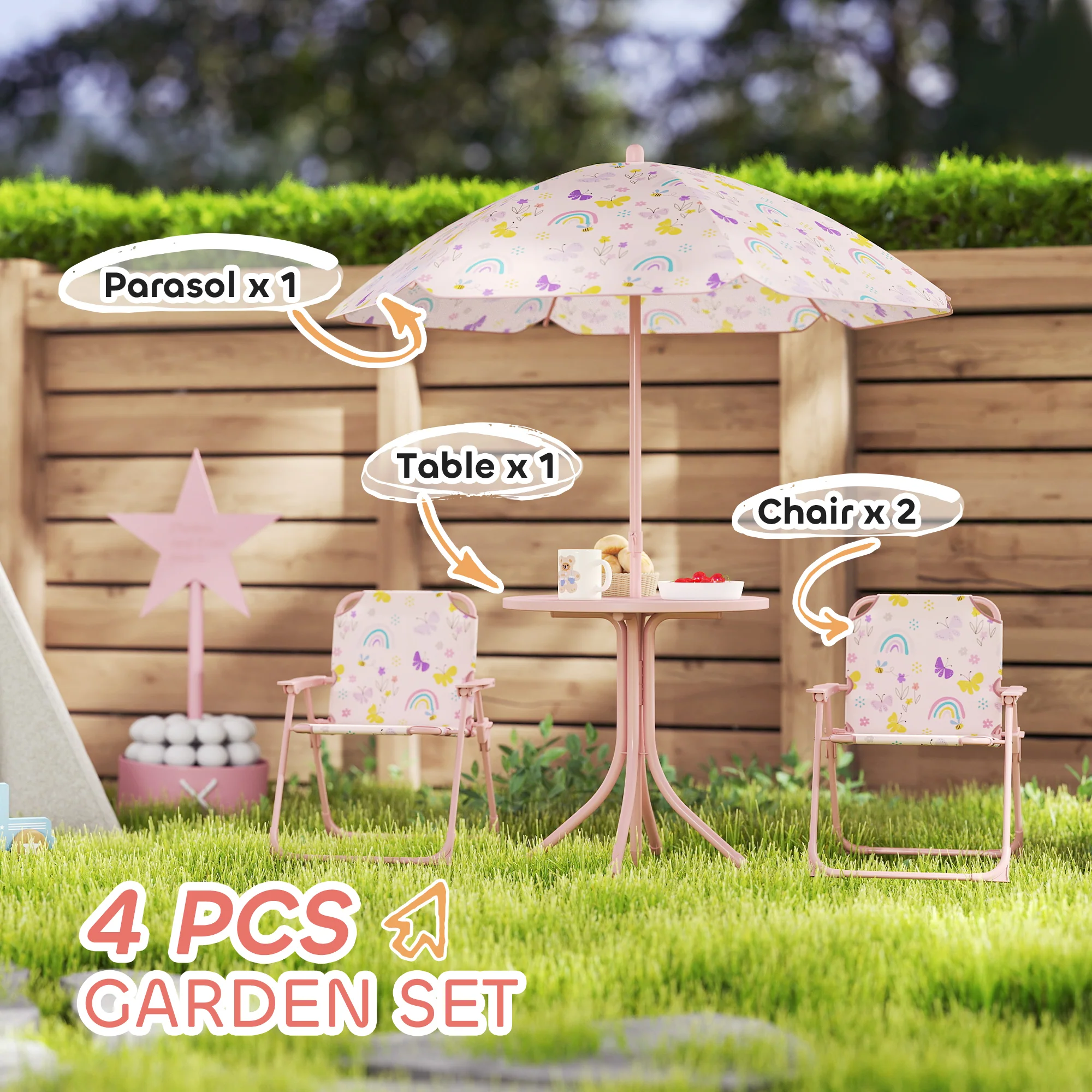 AIYAPLAY Kids Garden Table and Chair Set, Outdoor Patio Set w/ Parasol, Pink - Image 3
