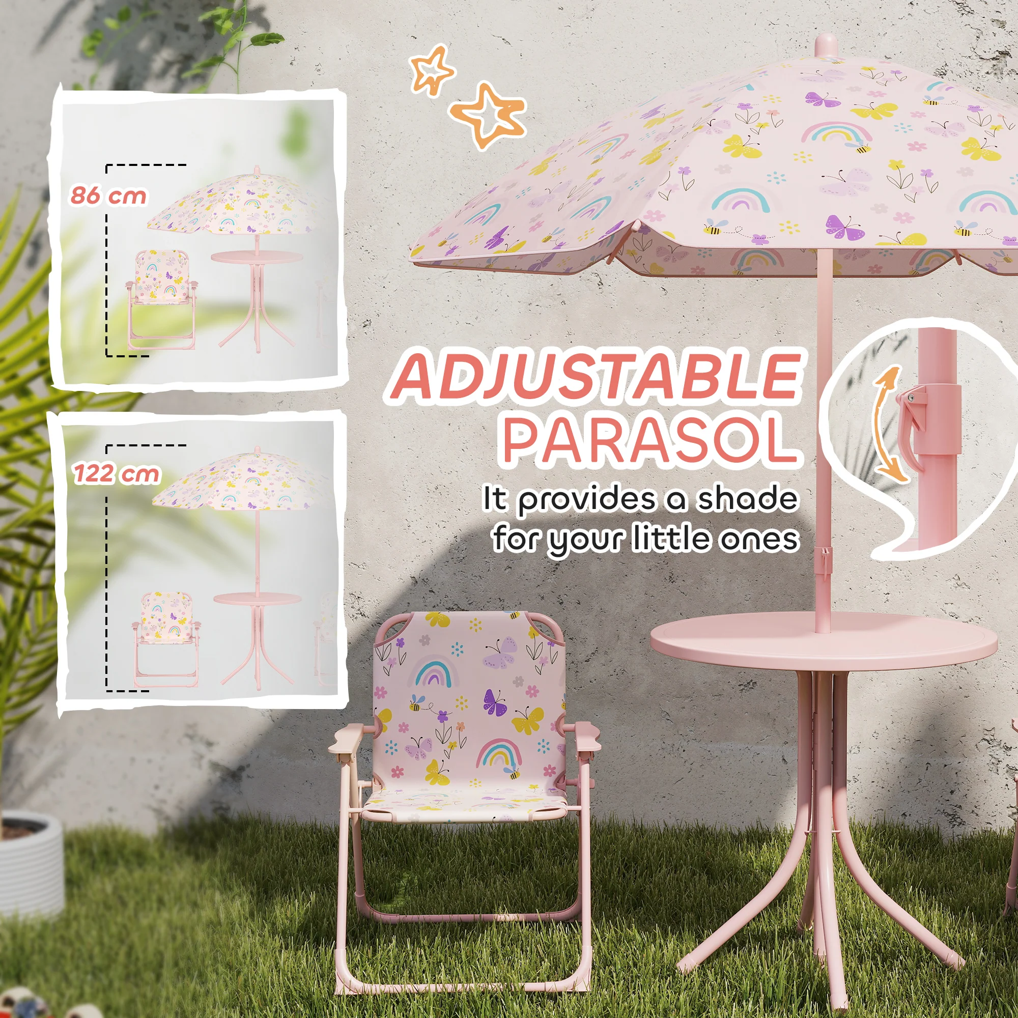 AIYAPLAY Kids Garden Table and Chair Set, Outdoor Patio Set w/ Parasol, Pink - Image 4