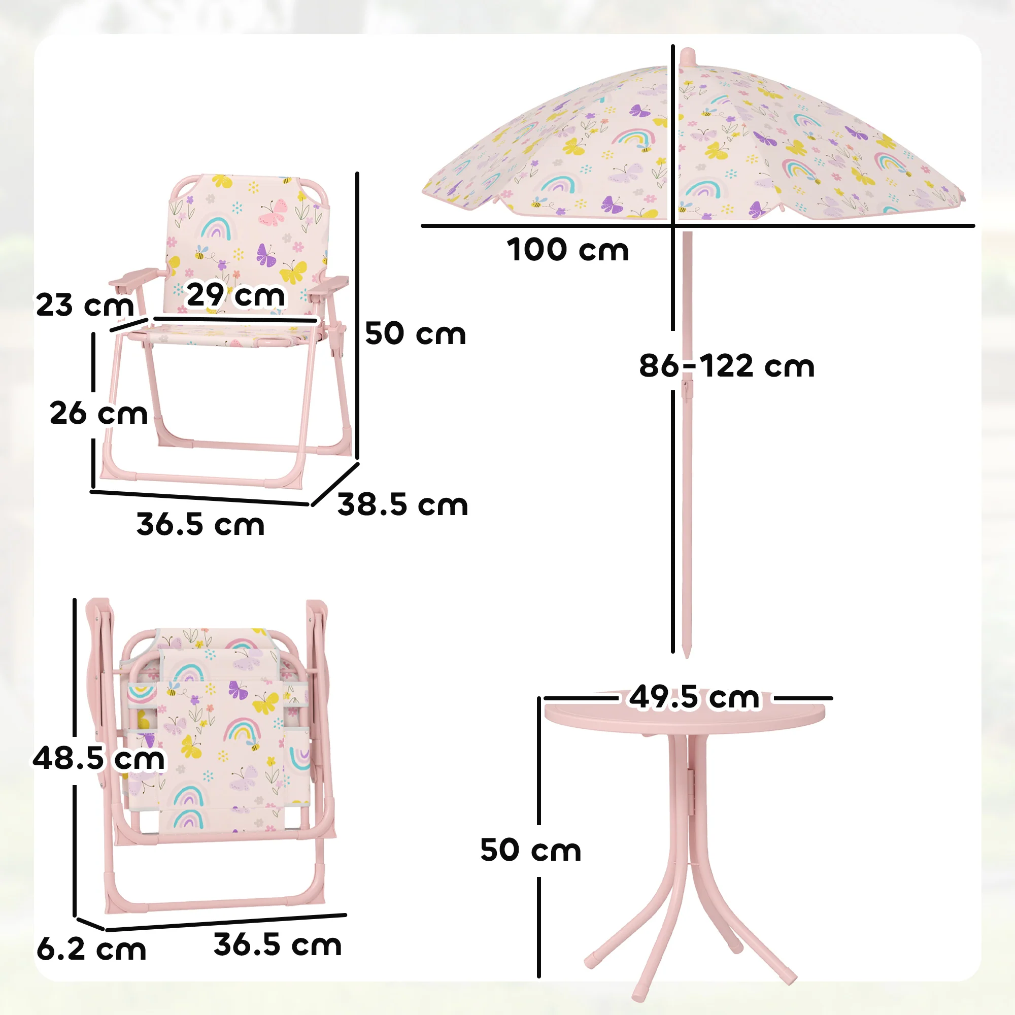 AIYAPLAY Kids Garden Table and Chair Set, Outdoor Patio Set w/ Parasol, Pink - Image 5