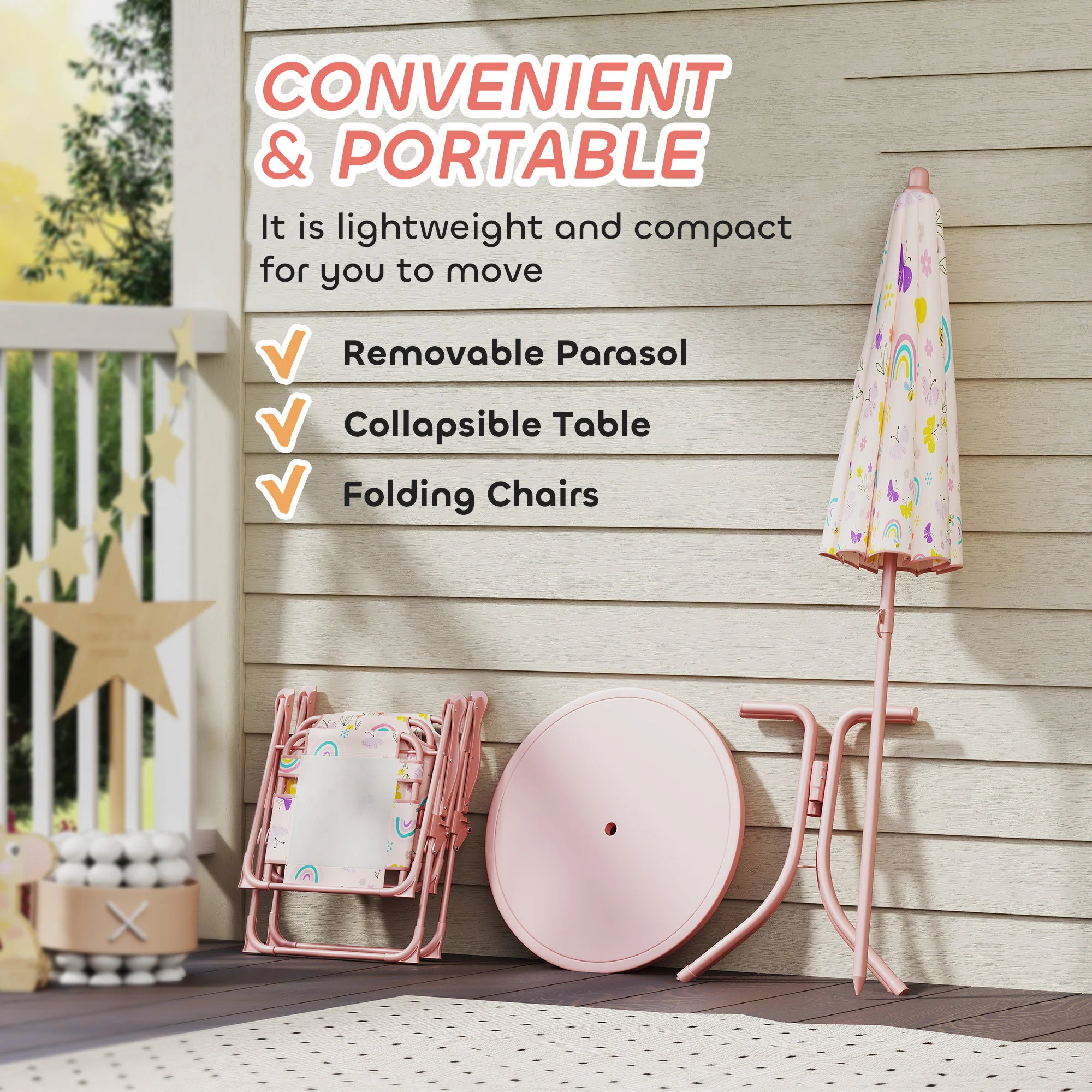 AIYAPLAY Kids Garden Table and Chair Set, Outdoor Patio Set w/ Parasol, Pink - Image 6
