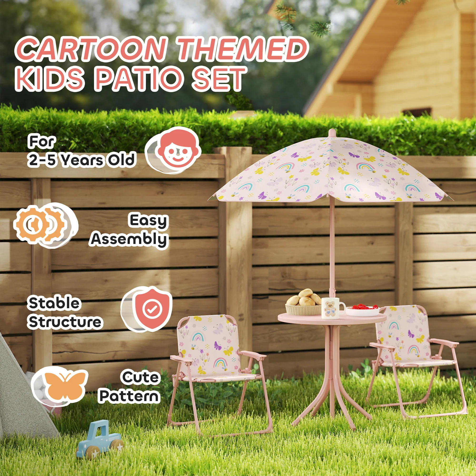 AIYAPLAY Kids Garden Table and Chair Set, Outdoor Patio Set w/ Parasol, Pink - Image 7