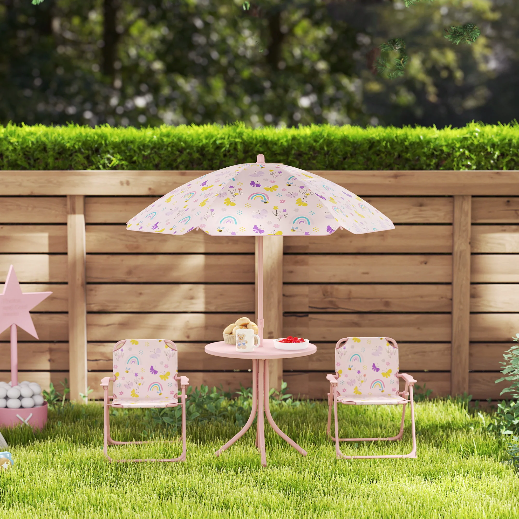 AIYAPLAY Kids Garden Table and Chair Set, Outdoor Patio Set w/ Parasol, Pink - Image 9