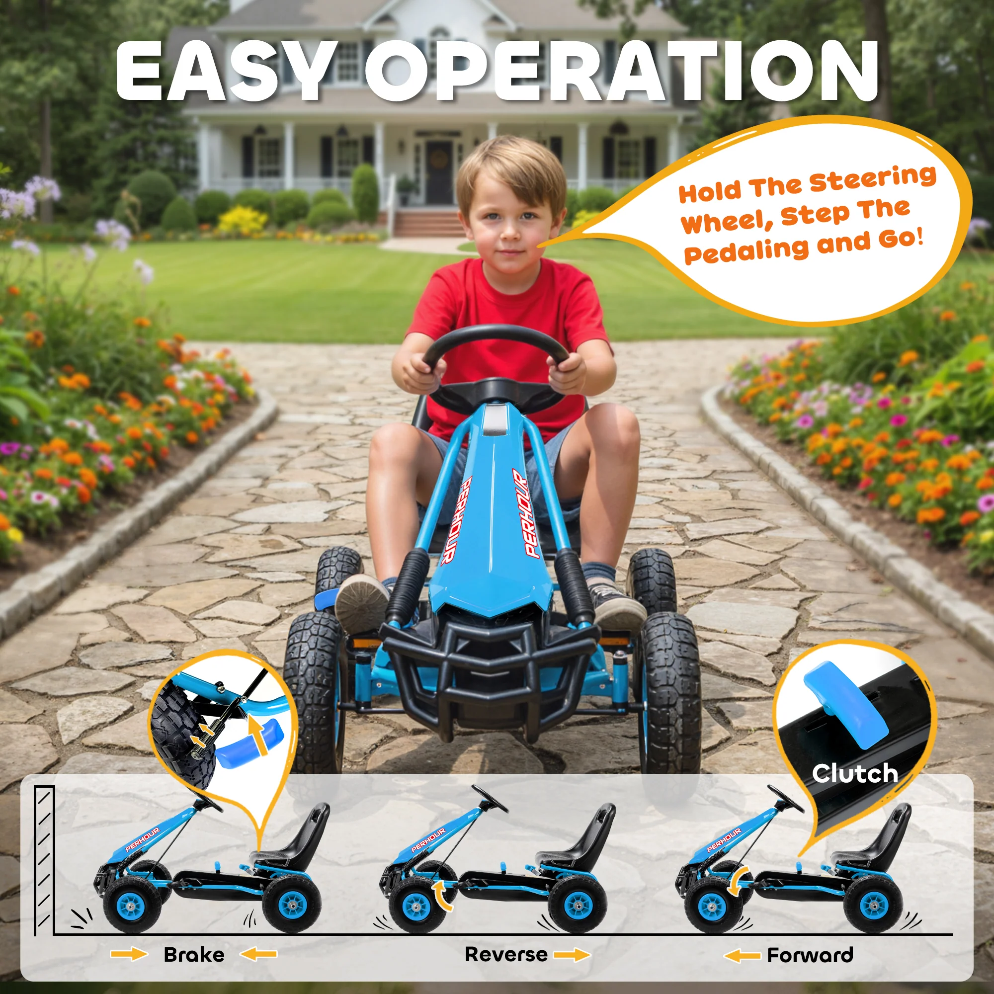 AIYAPLAY Kids Pedal Go Kart With Adjustable Seat, EVA Tyres, Blue - Image 3