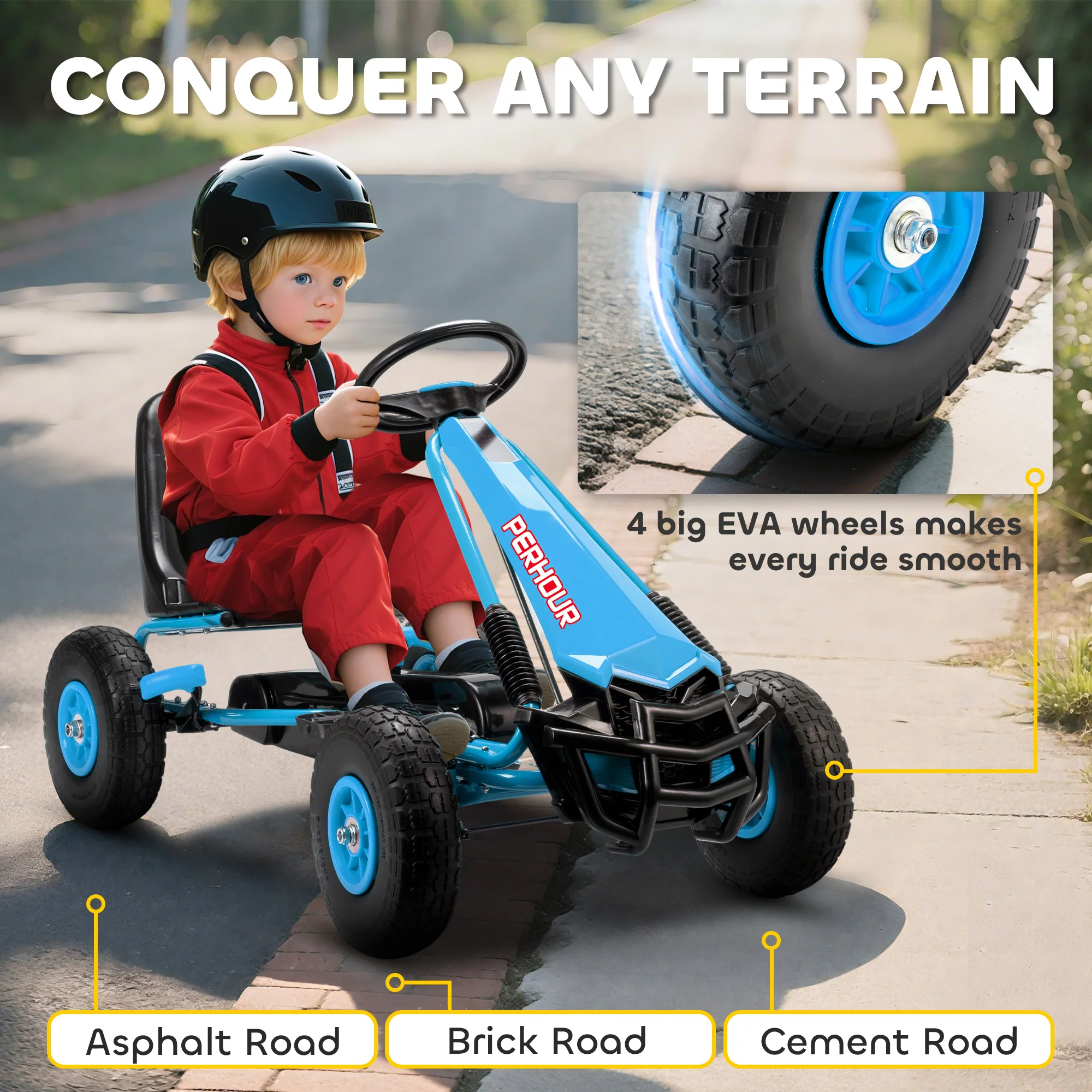 AIYAPLAY Kids Pedal Go Kart With Adjustable Seat, EVA Tyres, Blue - Image 6