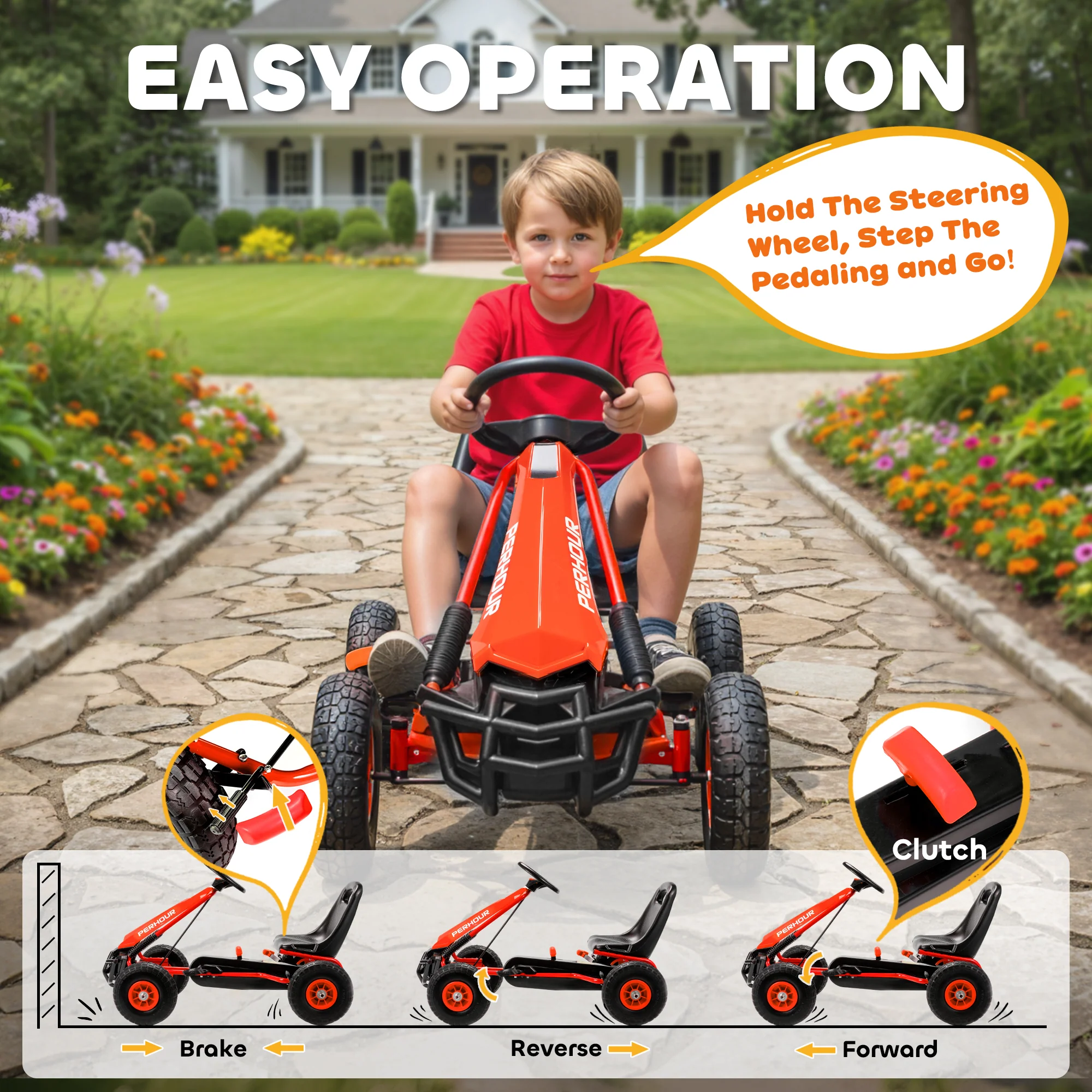 AIYAPLAY Kids Pedal Go Kart With Adjustable Seat, EVA Tyres, Red - Image 3