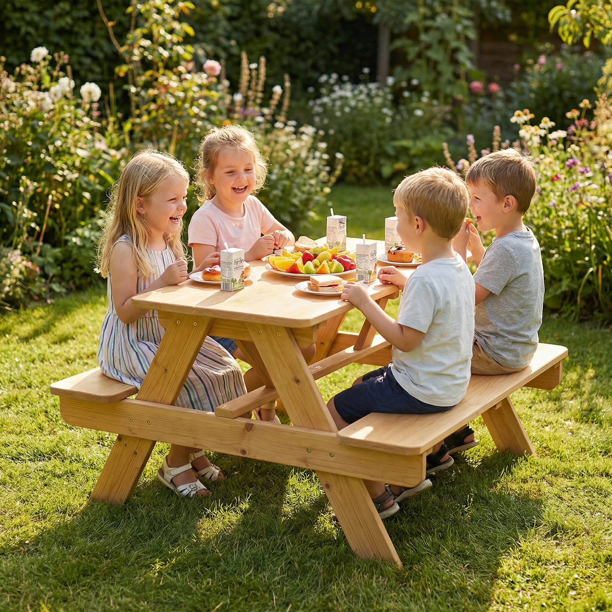 AIYAPLAY Kids Picnic Table Outdoor Wooden Natural Wood - Image 2