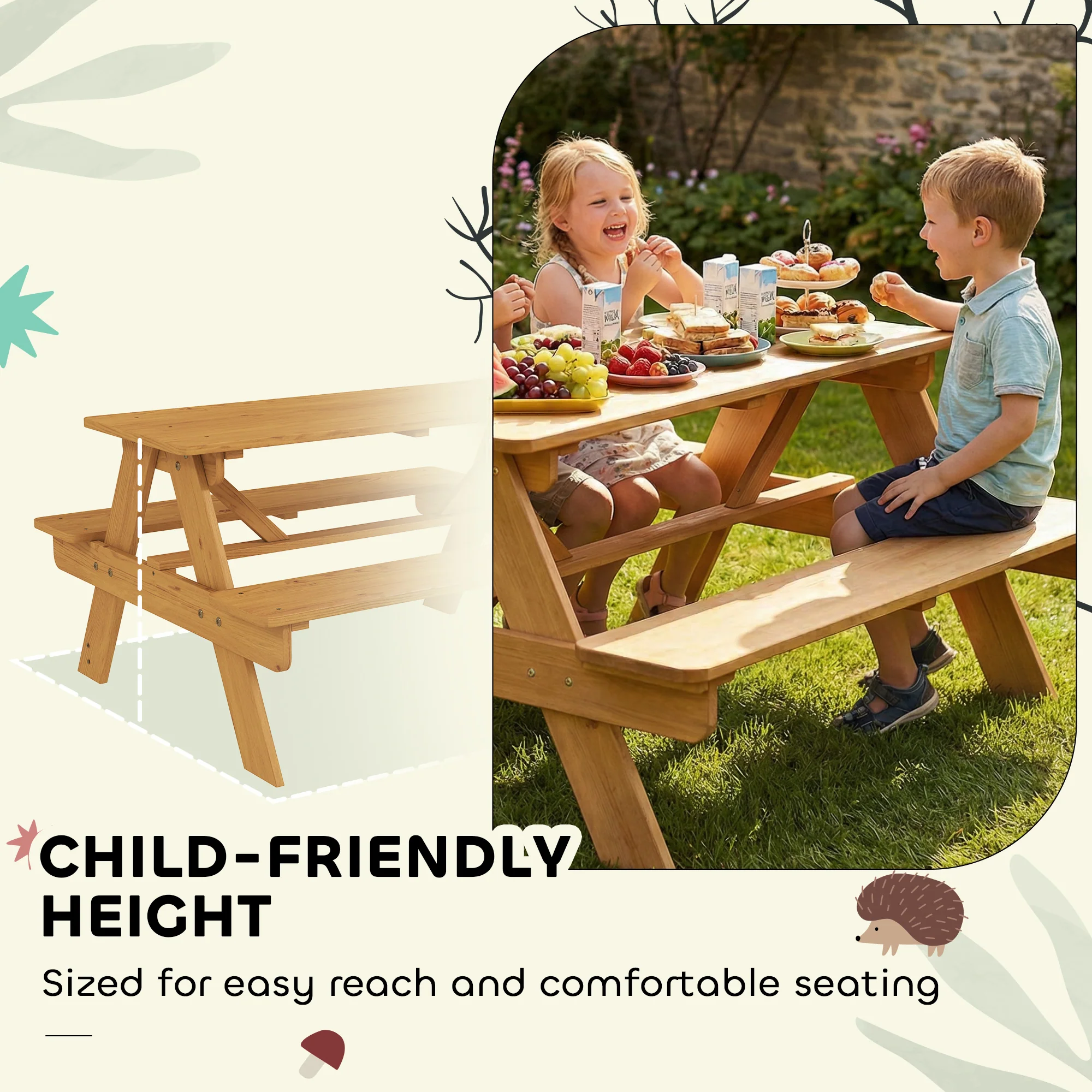 AIYAPLAY Kids Picnic Table Outdoor Wooden Natural Wood - Image 6