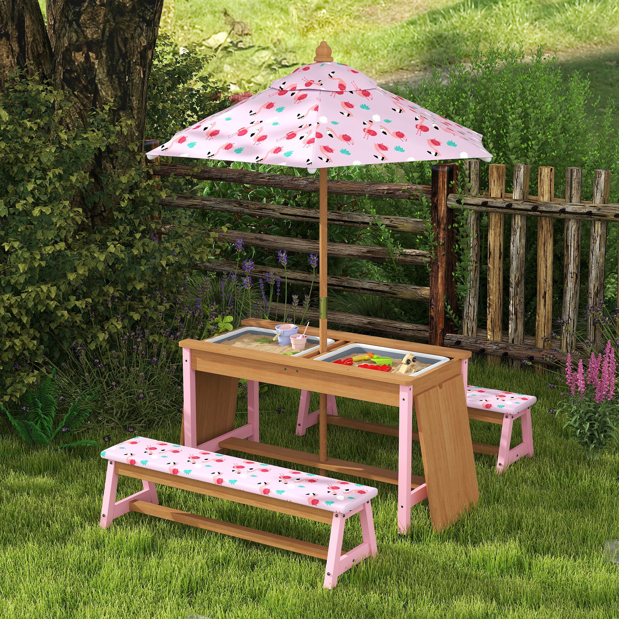 AIYAPLAY Kids Picnic Table, Wooden Children Garden Table and Bench Set, Pink - Image 2