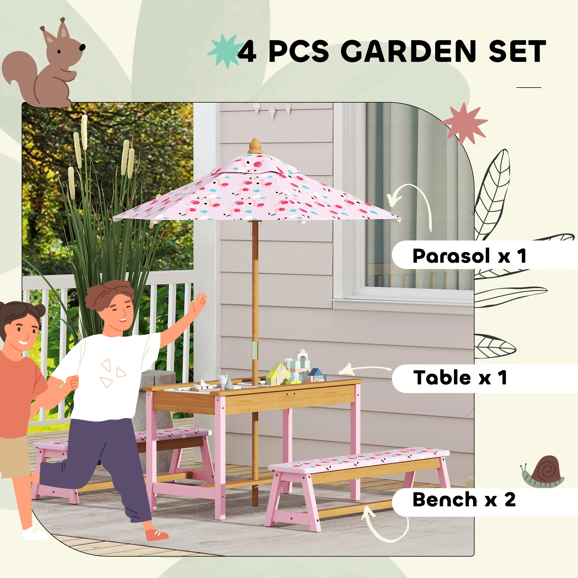 AIYAPLAY Kids Picnic Table, Wooden Children Garden Table and Bench Set, Pink - Image 3