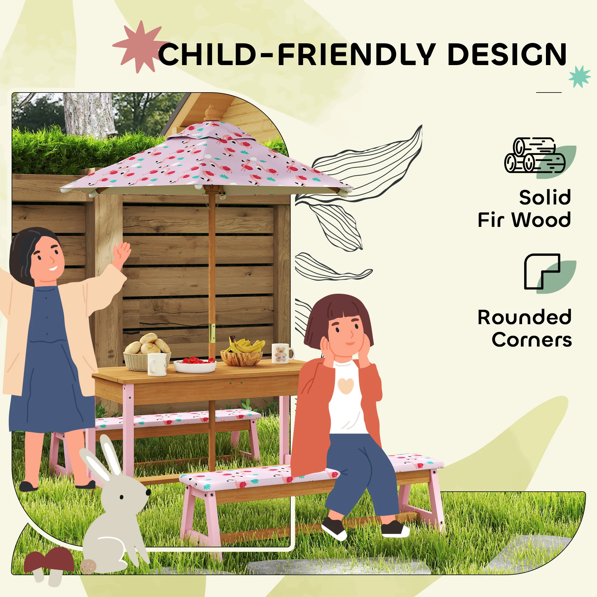 AIYAPLAY Kids Picnic Table, Wooden Children Garden Table and Bench Set, Pink - Image 6