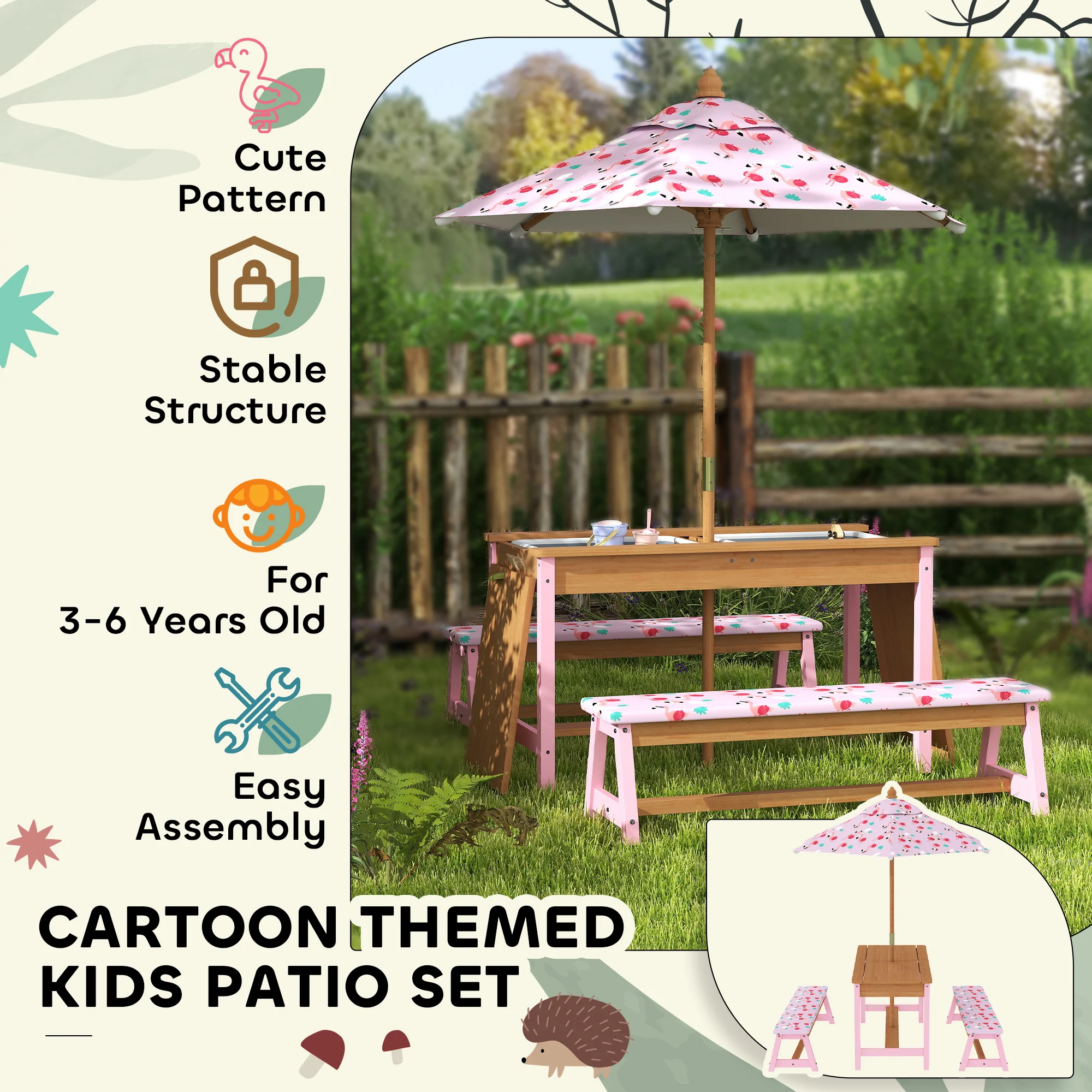 AIYAPLAY Kids Picnic Table, Wooden Children Garden Table and Bench Set, Pink - Image 8