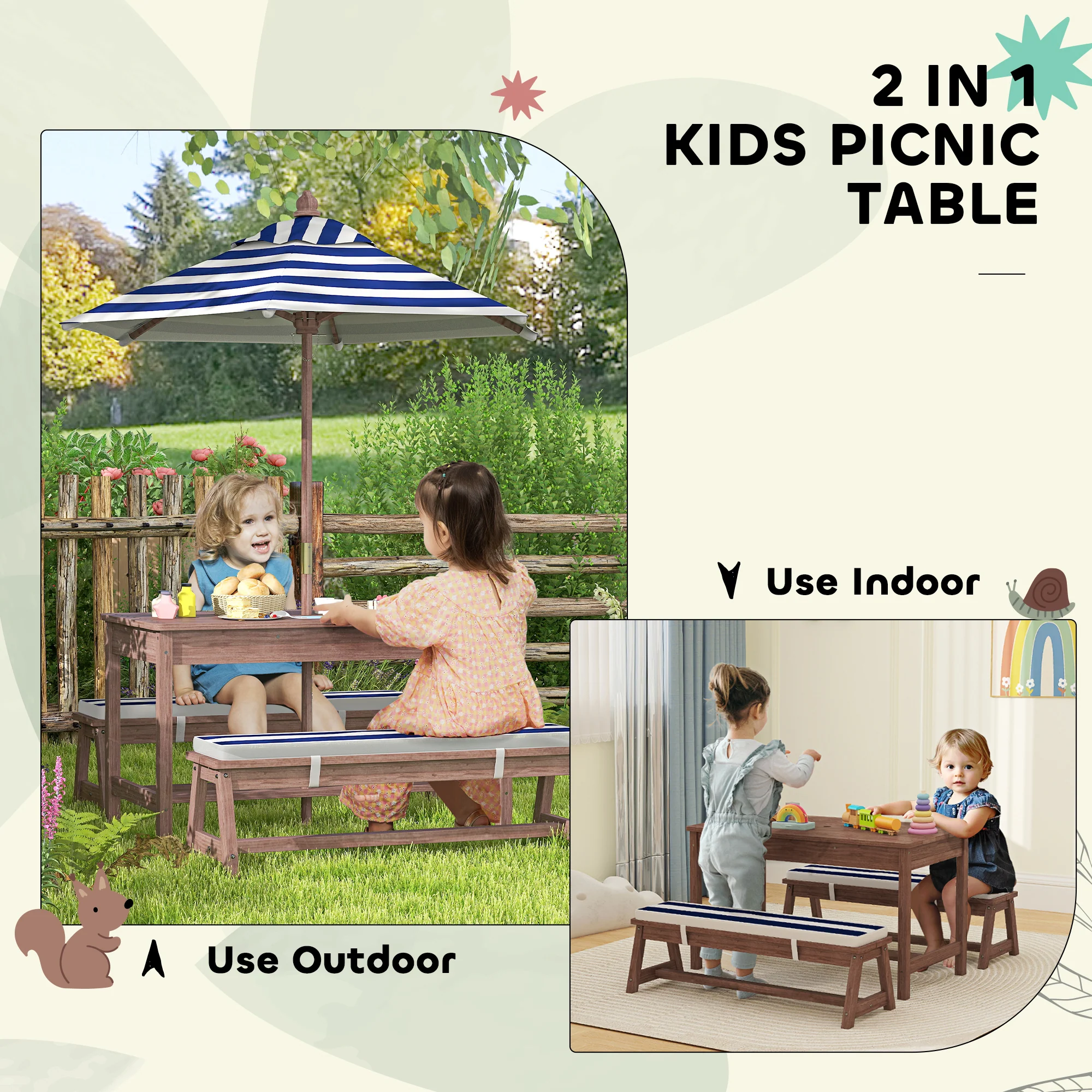 AIYAPLAY Kids Picnic Table, Wooden Kids Garden Furniture With Umbrella - Image 6
