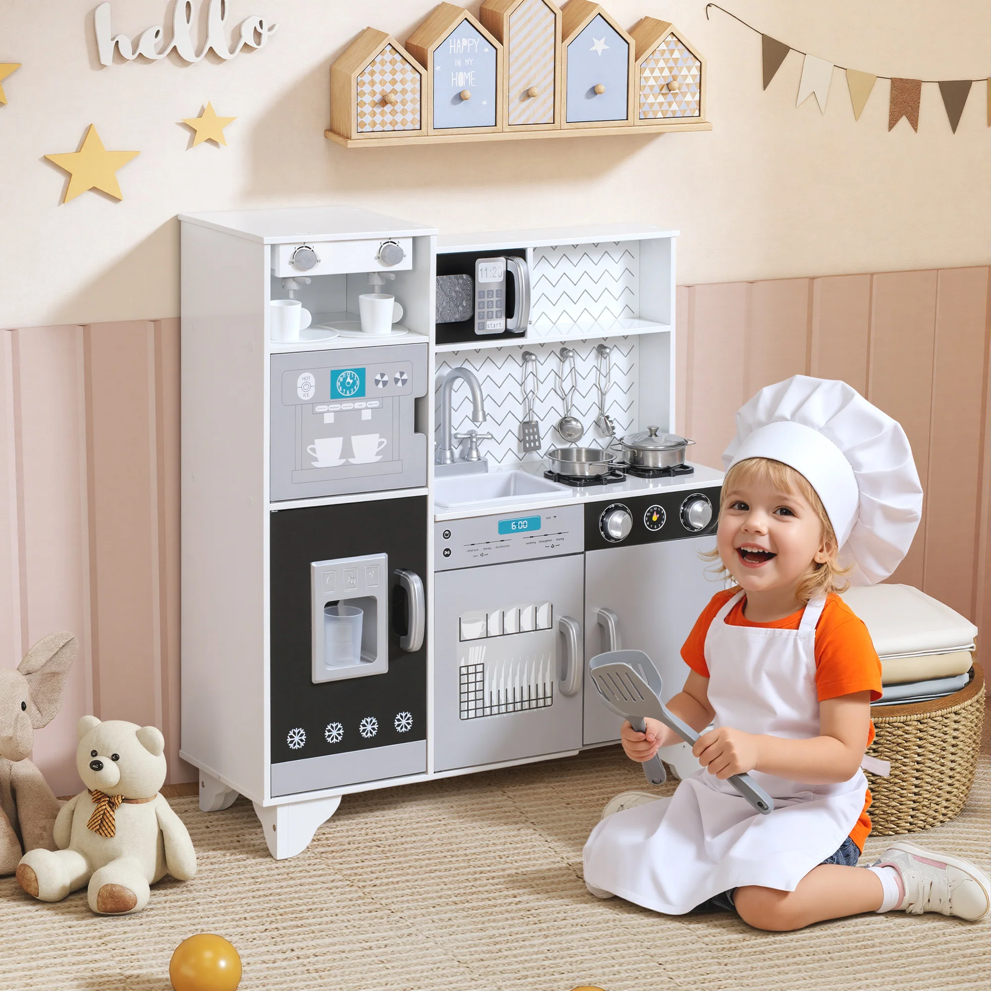 AIYAPLAY Kids Play Kitchen Toy Kitchen With Stove Sounds, Ice & Coffee Maker - Image 2