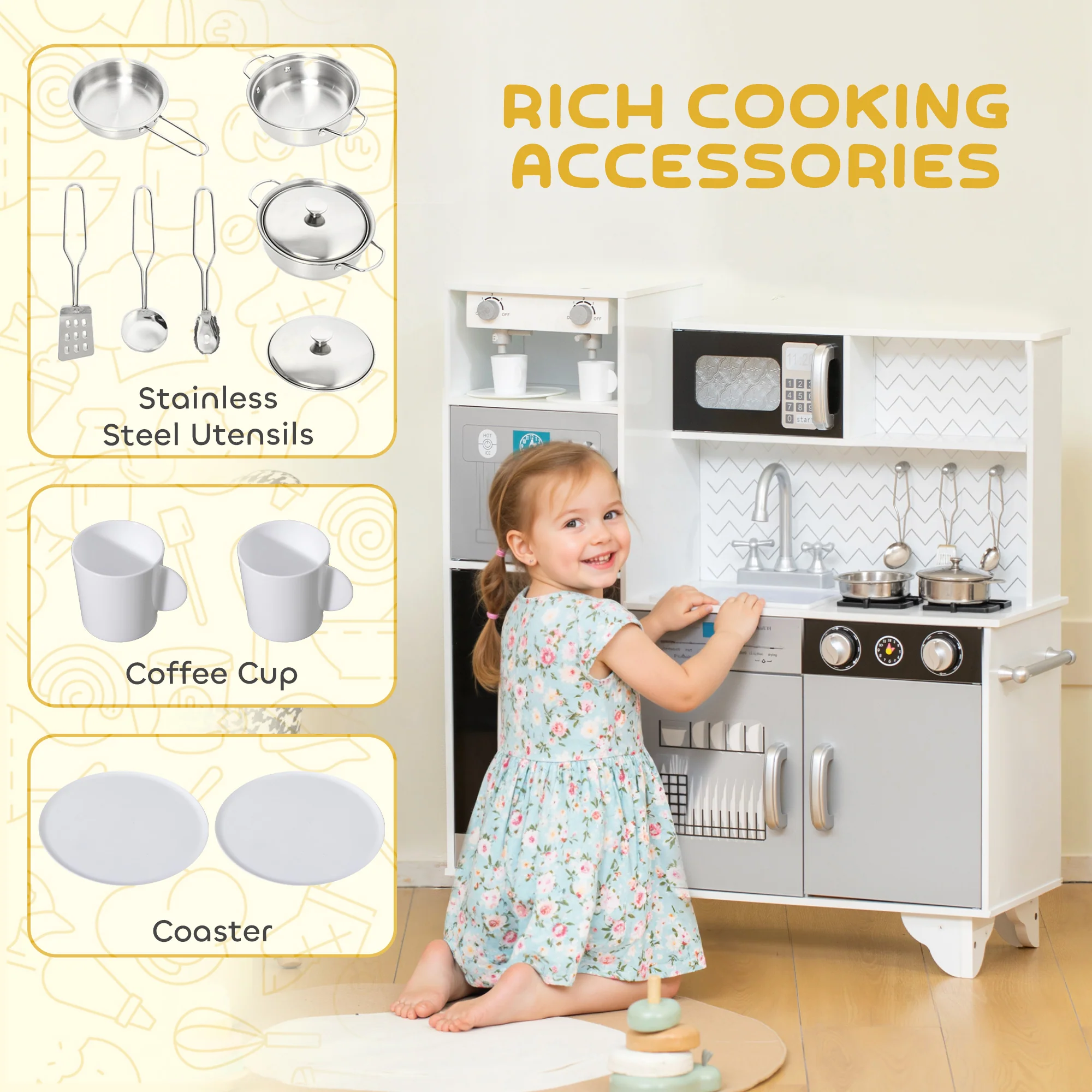 AIYAPLAY Kids Play Kitchen Toy Kitchen With Stove Sounds, Ice & Coffee Maker - Image 6