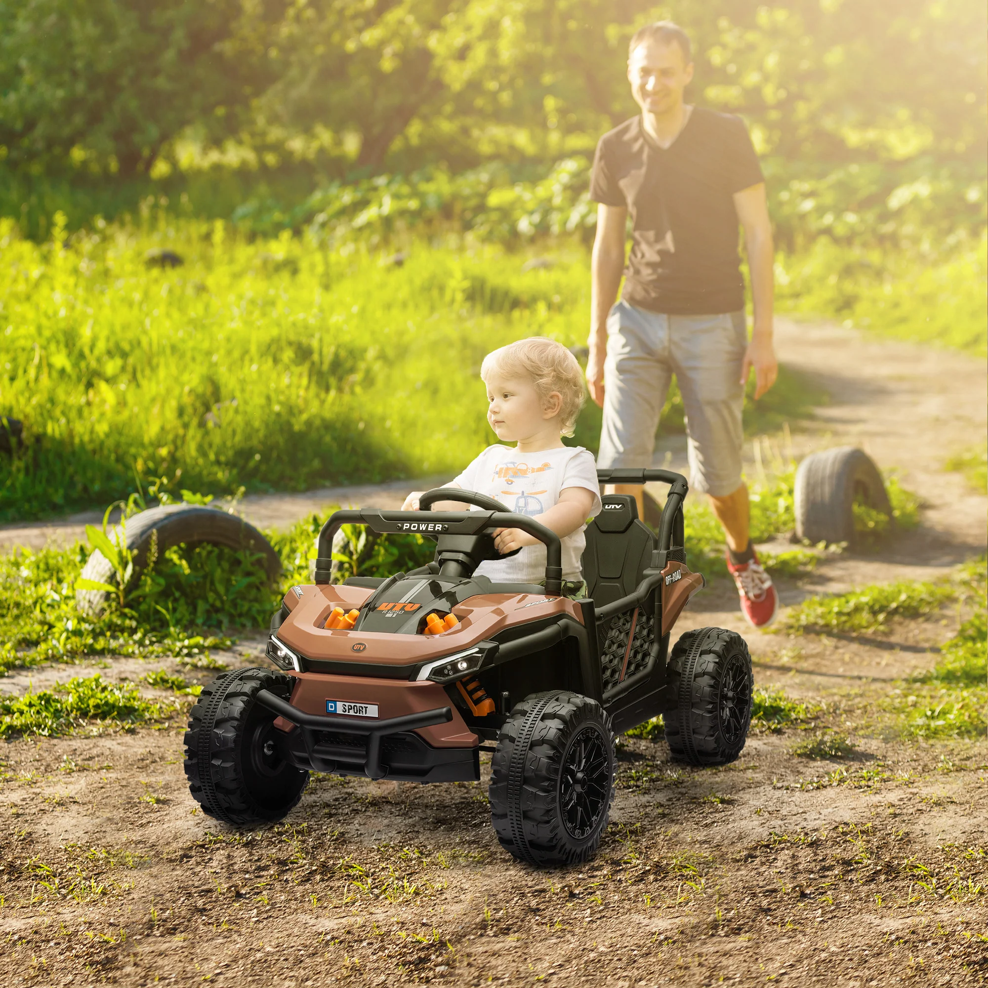 AIYAPLAY Kids Ride On Car, 12V Electric Truck W/ Horn Lights USB - Brown/Black - Image 10