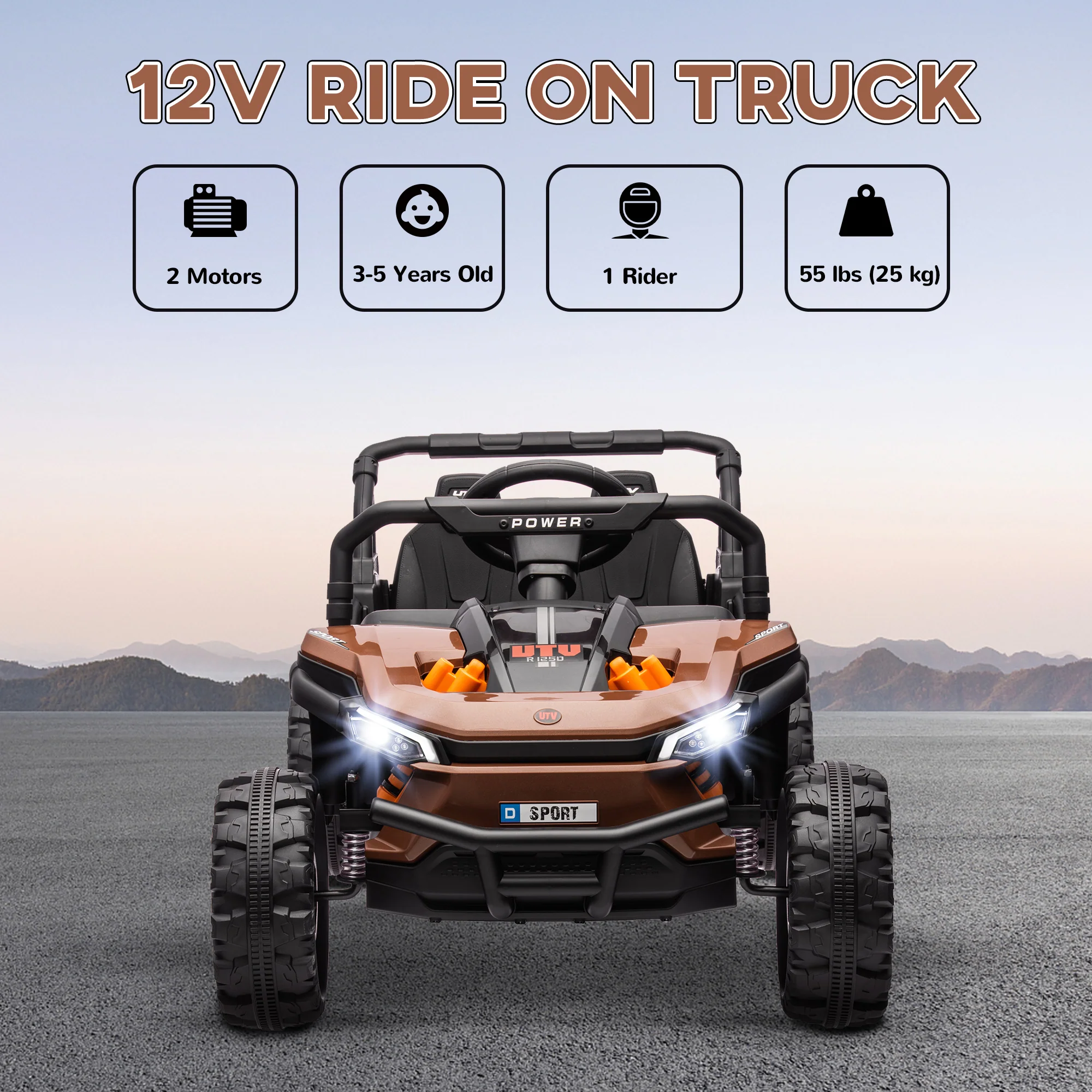 AIYAPLAY Kids Ride On Car, 12V Electric Truck W/ Horn Lights USB - Brown/Black - Image 11
