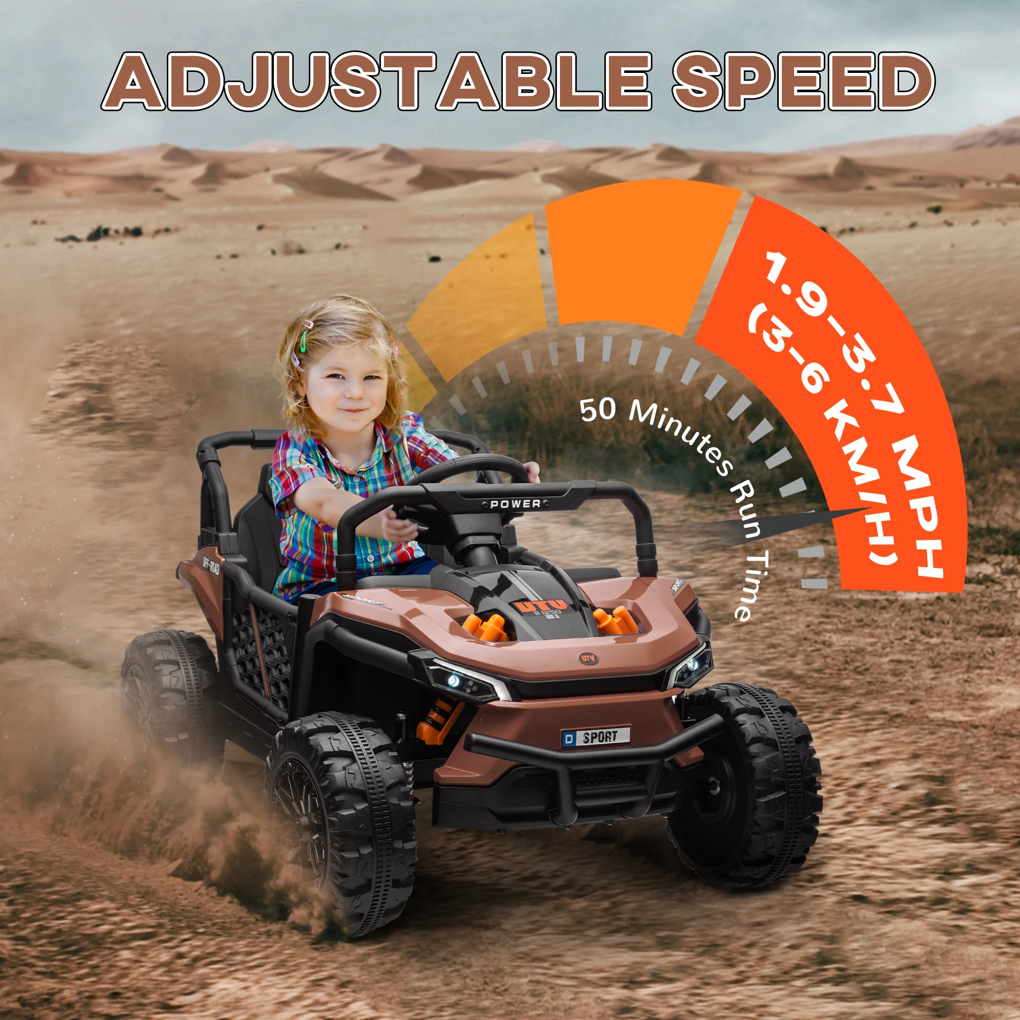 AIYAPLAY Kids Ride On Car, 12V Electric Truck W/ Horn Lights USB - Brown/Black - Image 14