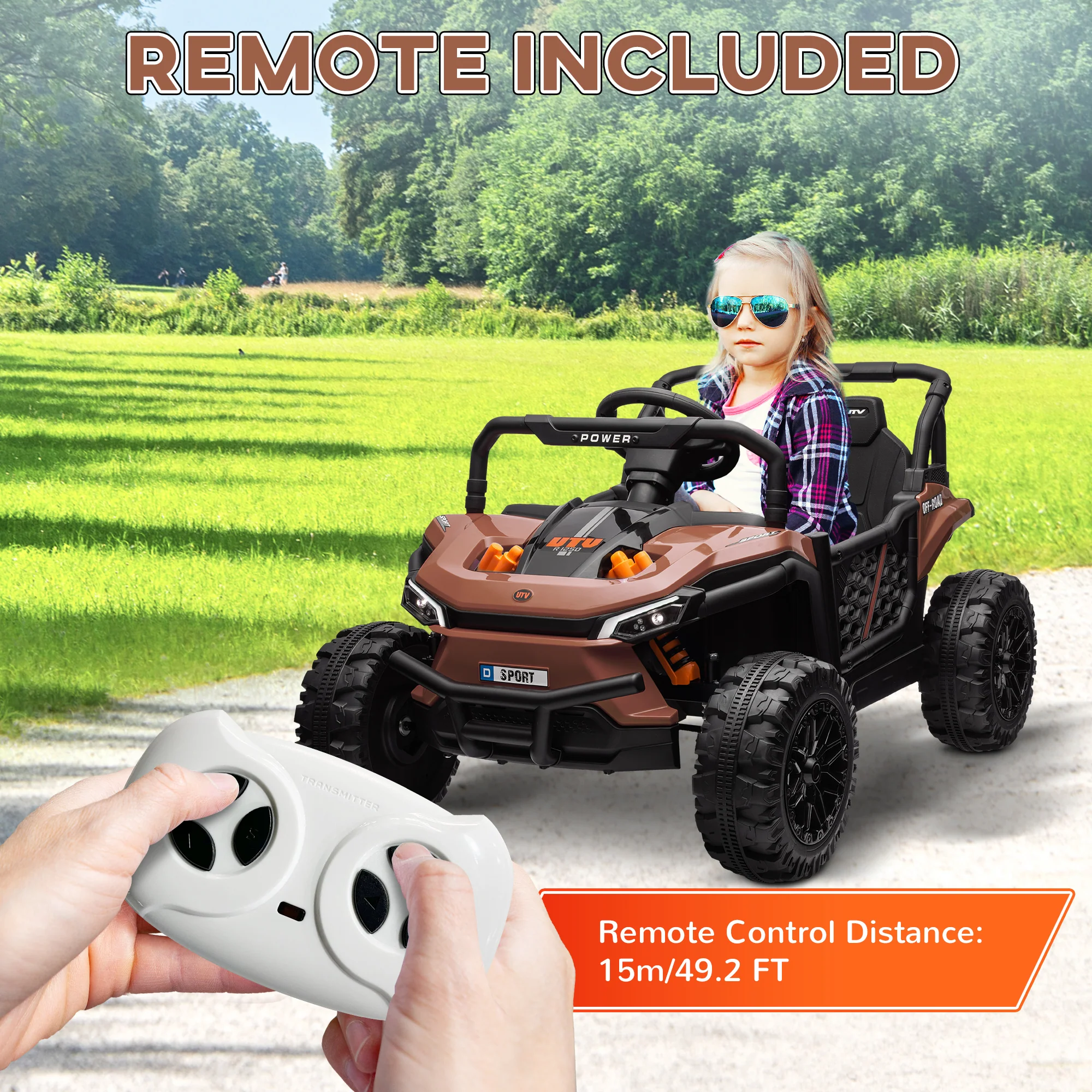 AIYAPLAY Kids Ride On Car, 12V Electric Truck W/ Horn Lights USB - Brown/Black - Image 15