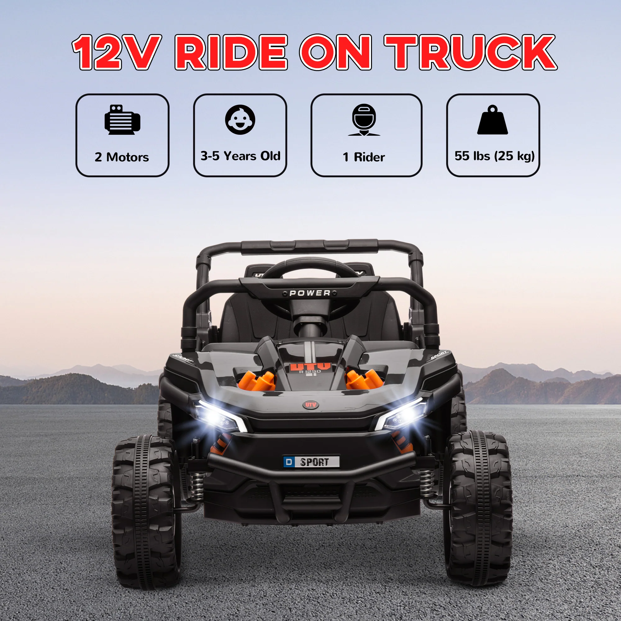 AIYAPLAY Kids Ride On Car, 12V Electric Truck W/ Horn Lights USB - Brown/Black - Image 3