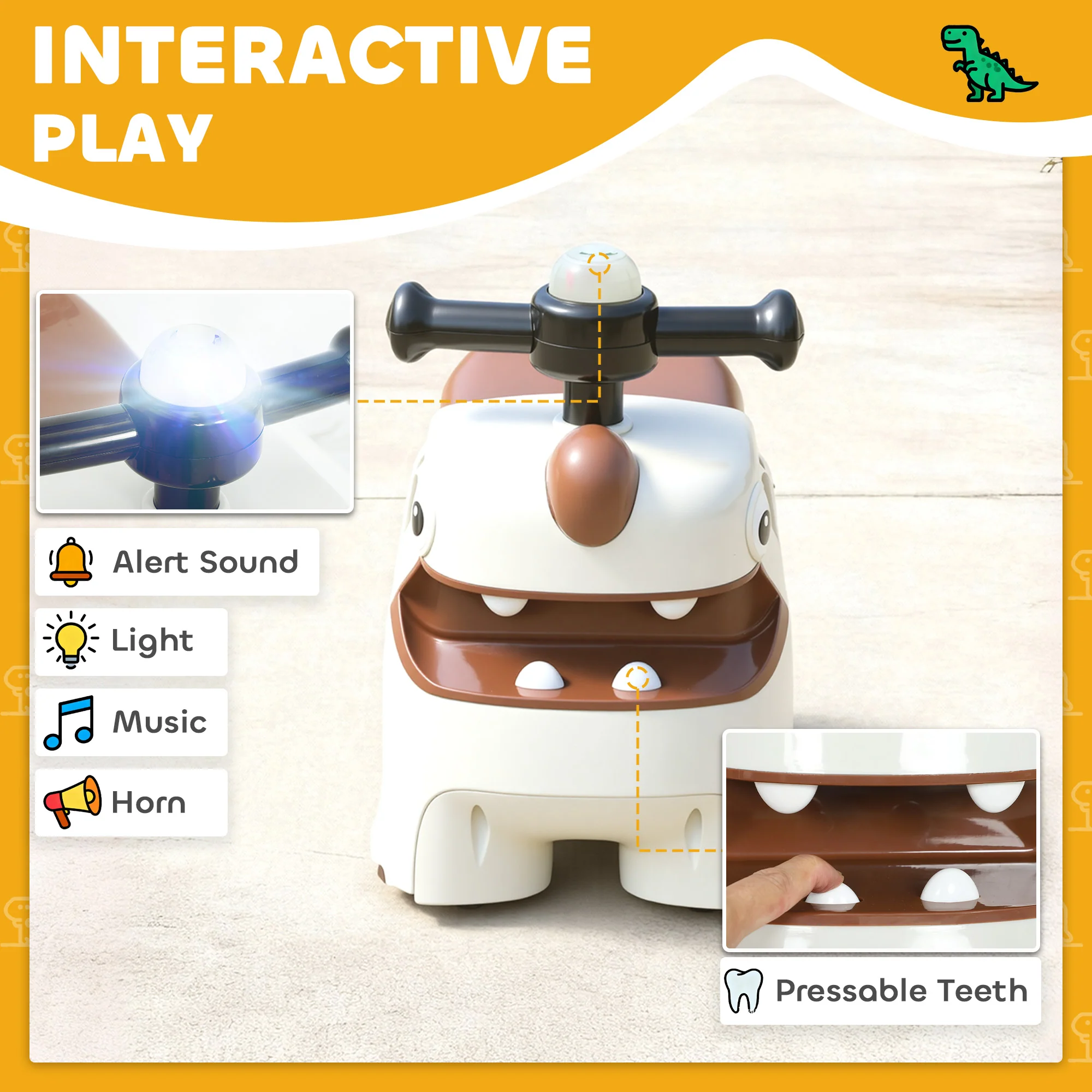 AIYAPLAY Kids Ride On Car, Dinosaur Shape Toddler Walker, Cream - Image 4