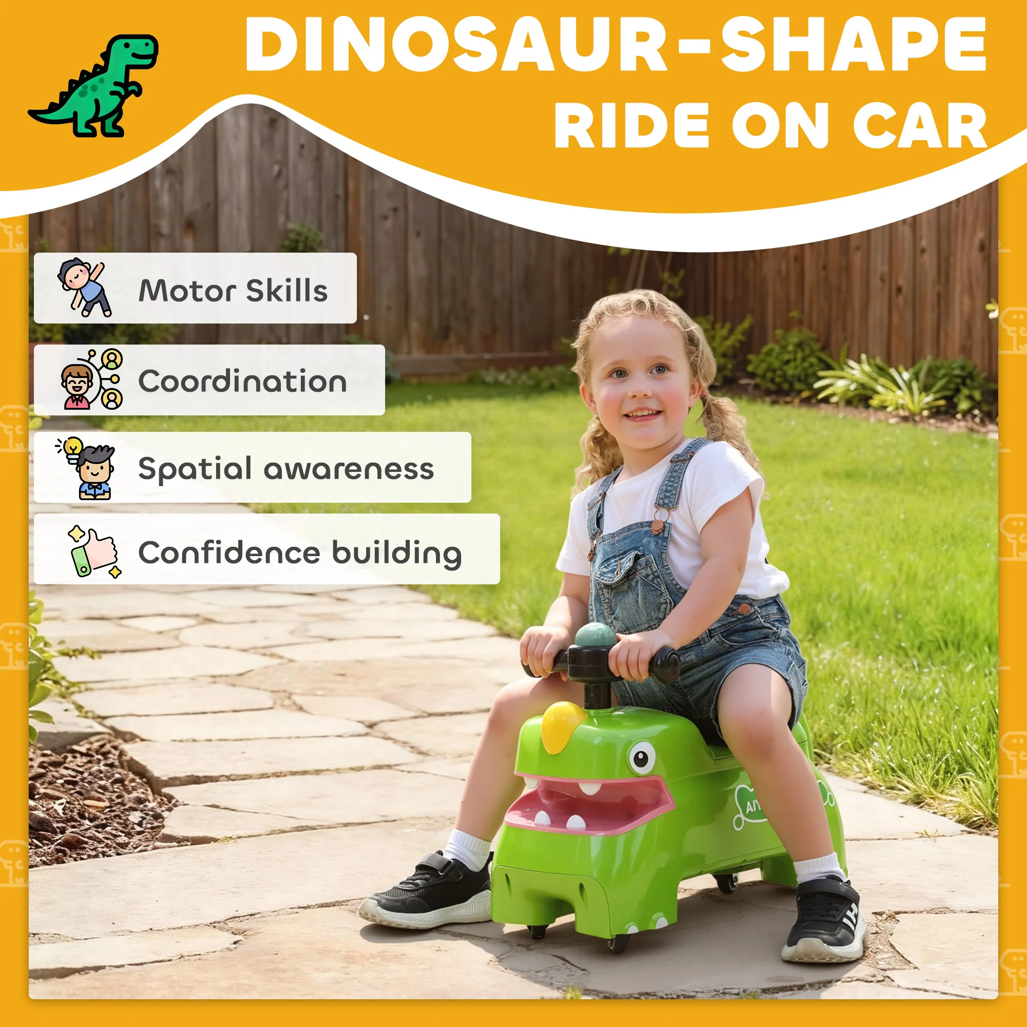 AIYAPLAY Kids Ride On Car, Dinosaur Shape Toddler Walker, Green - Image 3