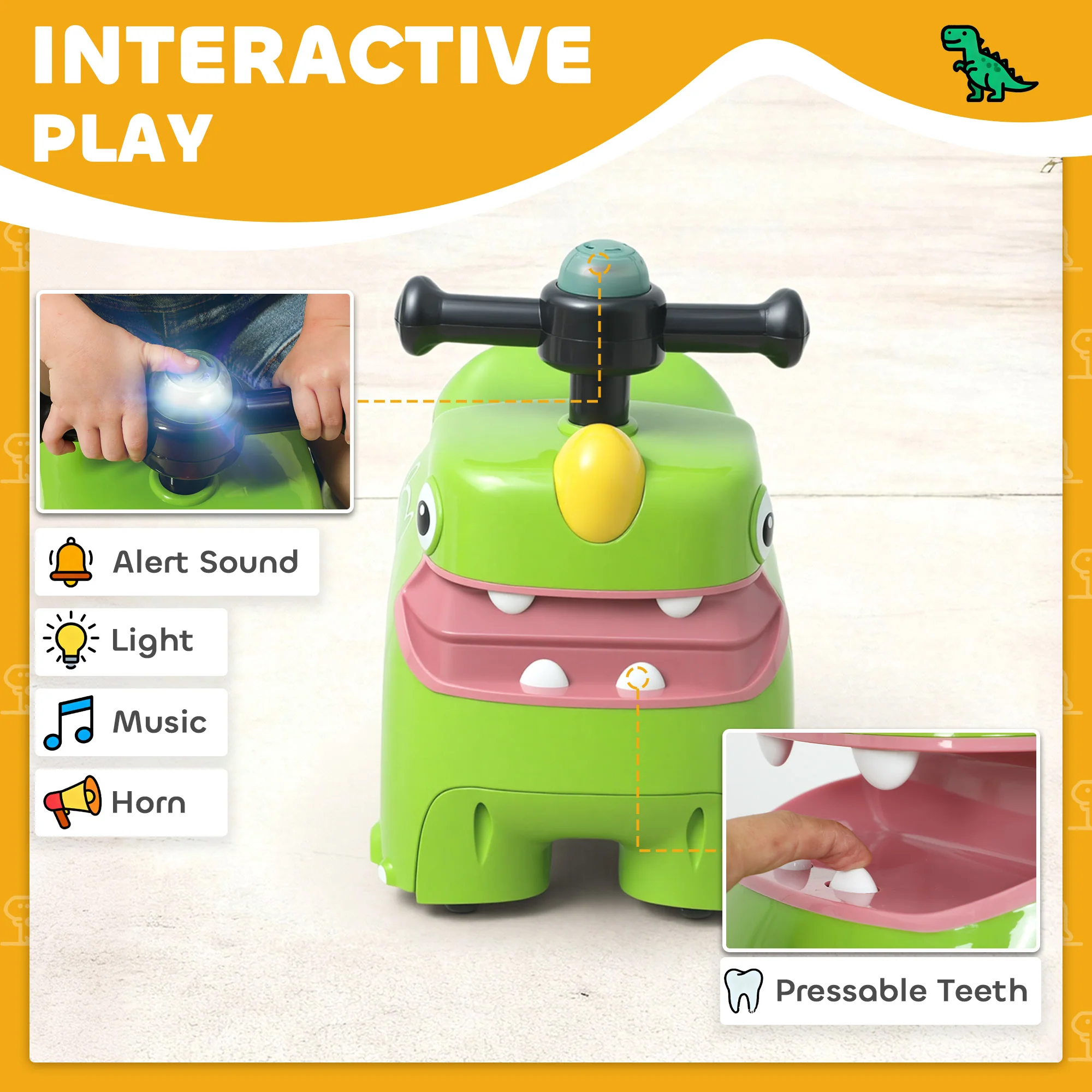 AIYAPLAY Kids Ride On Car, Dinosaur Shape Toddler Walker, Green - Image 4
