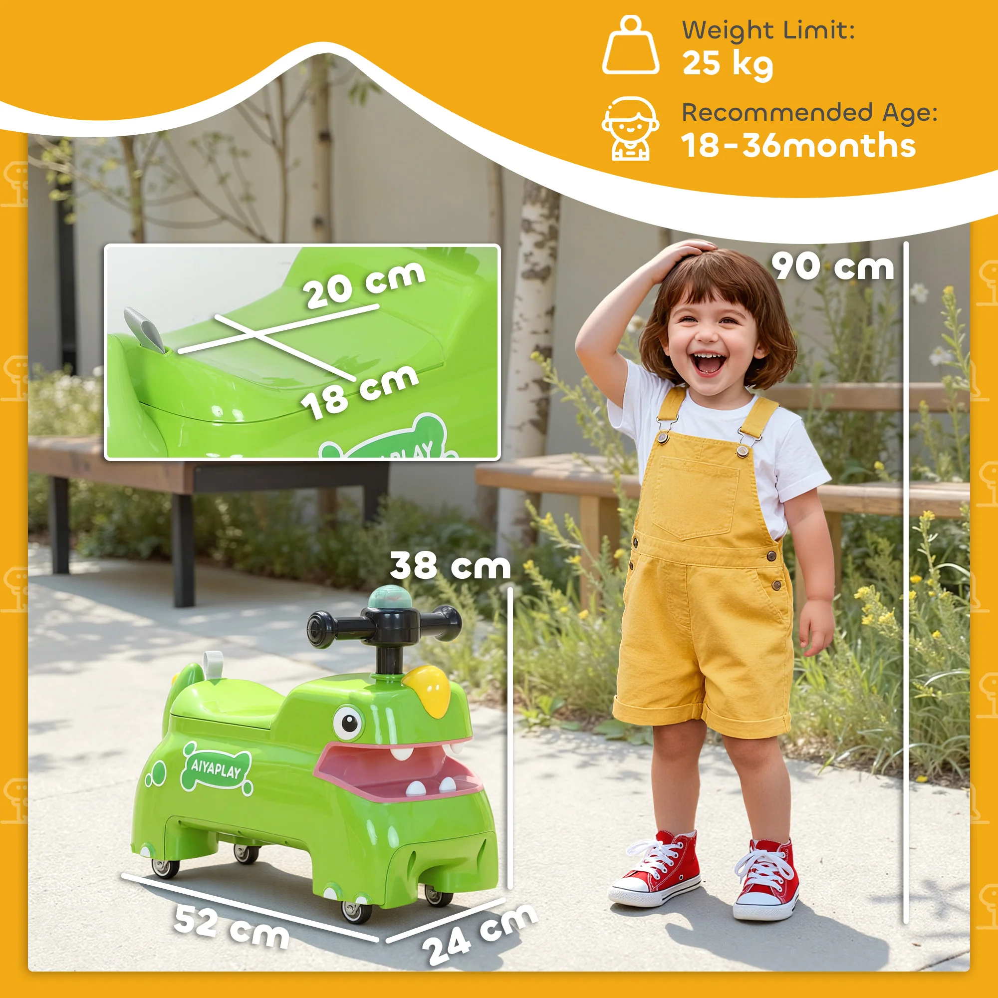 AIYAPLAY Kids Ride On Car, Dinosaur Shape Toddler Walker, Green - Image 5