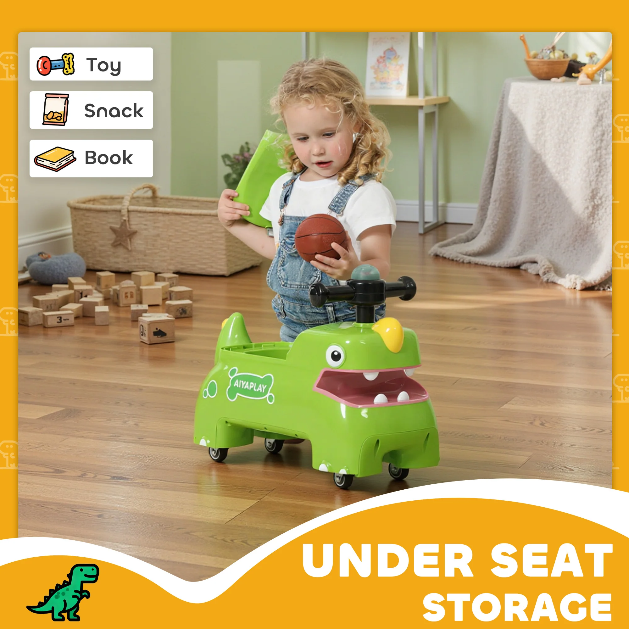 AIYAPLAY Kids Ride On Car, Dinosaur Shape Toddler Walker, Green - Image 6
