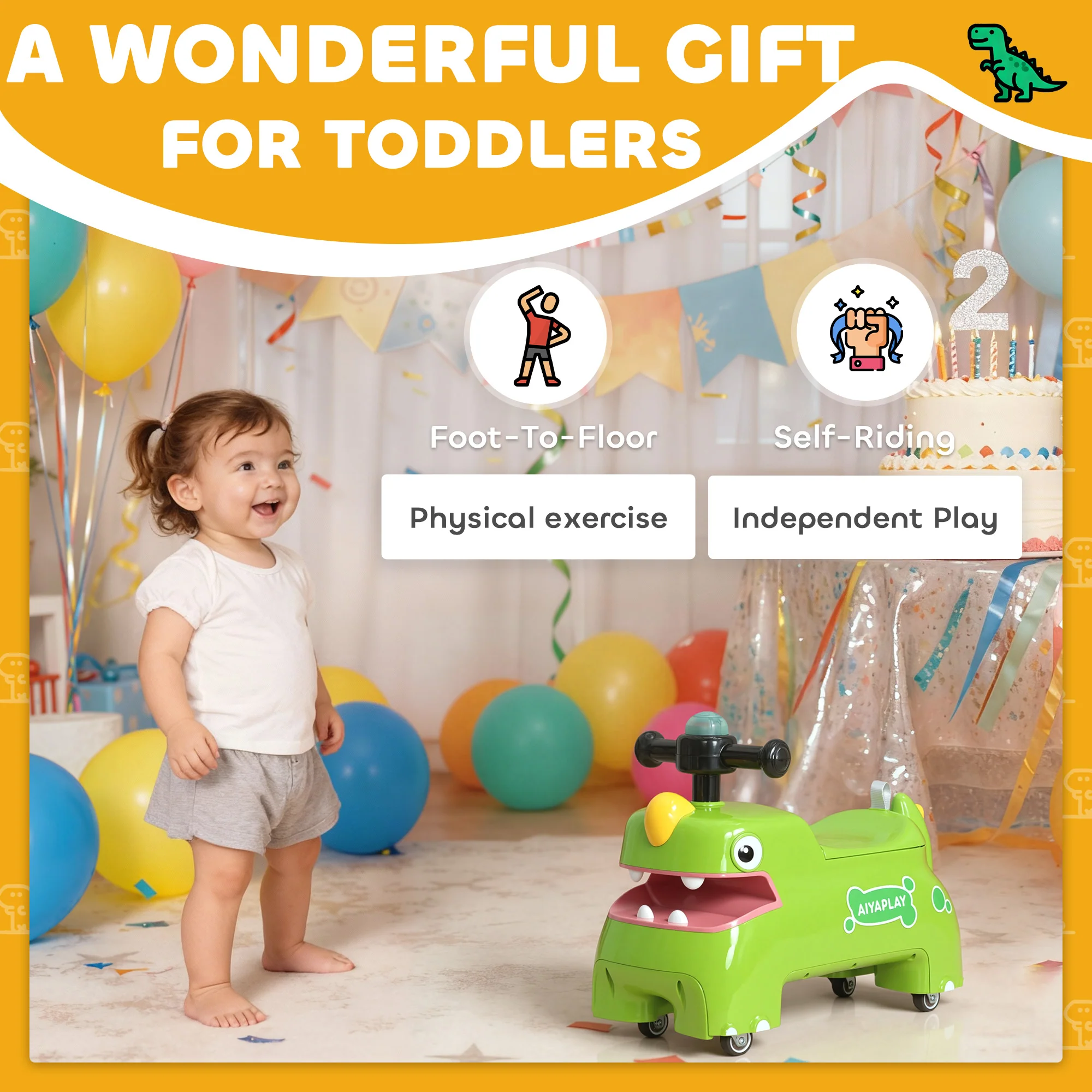 AIYAPLAY Kids Ride On Car, Dinosaur Shape Toddler Walker, Green - Image 7