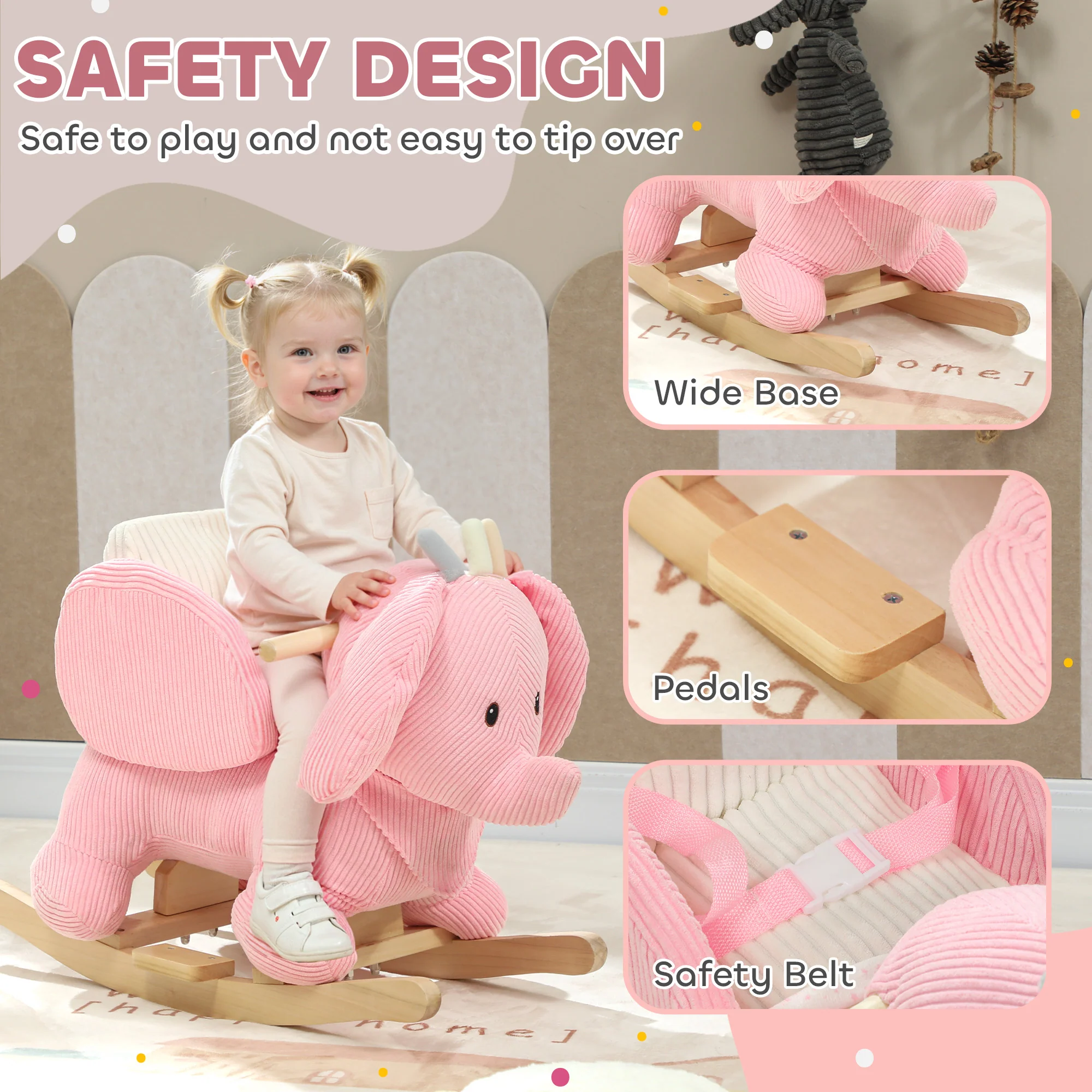 AIYAPLAY Kids Rocking Horse, Baby Ride On Rocker With Safety Belt, Pink - Image 6