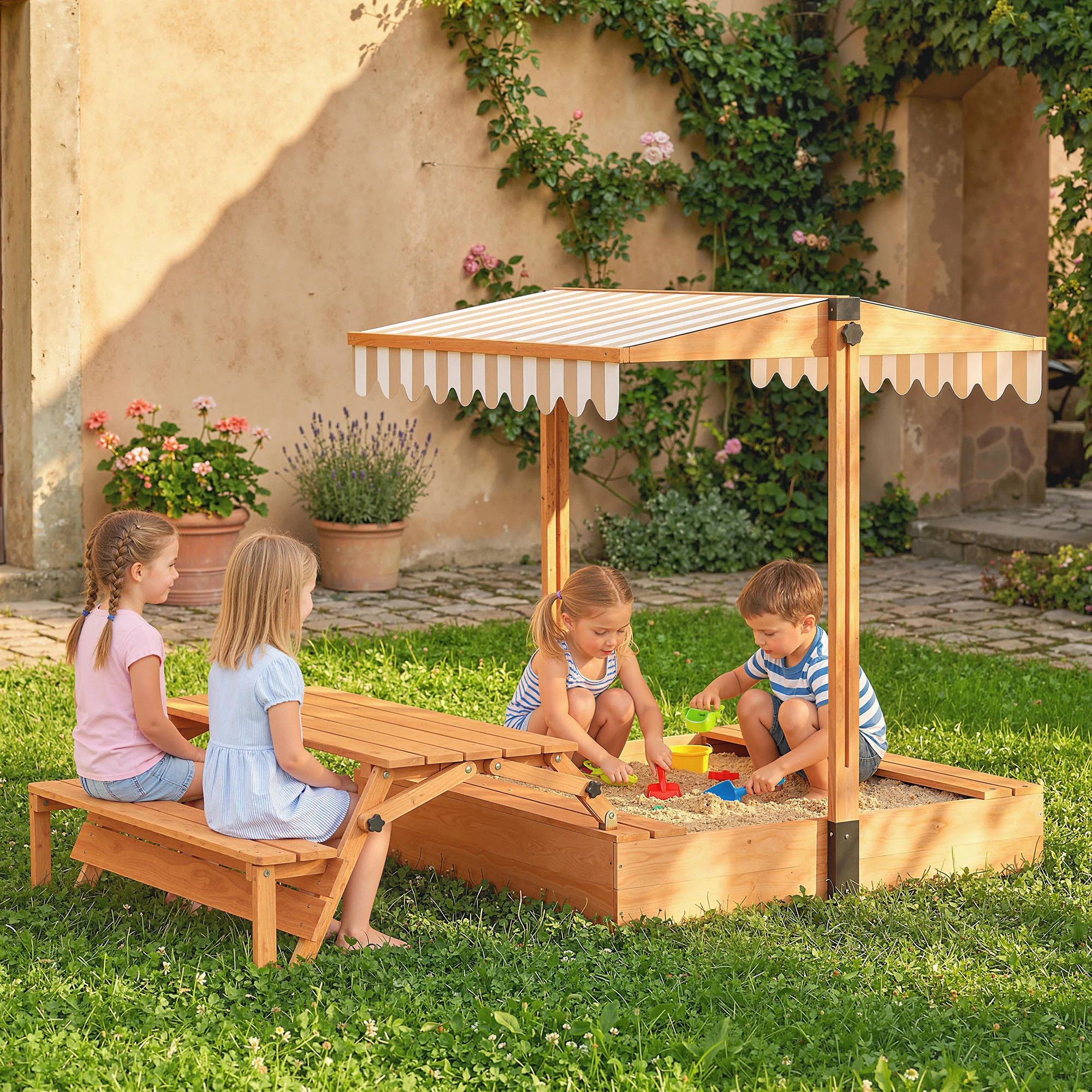 AIYAPLAY Kids Sand Pit with Lid, Wooden Sandpit with Foldable Picnic Table - Image 2