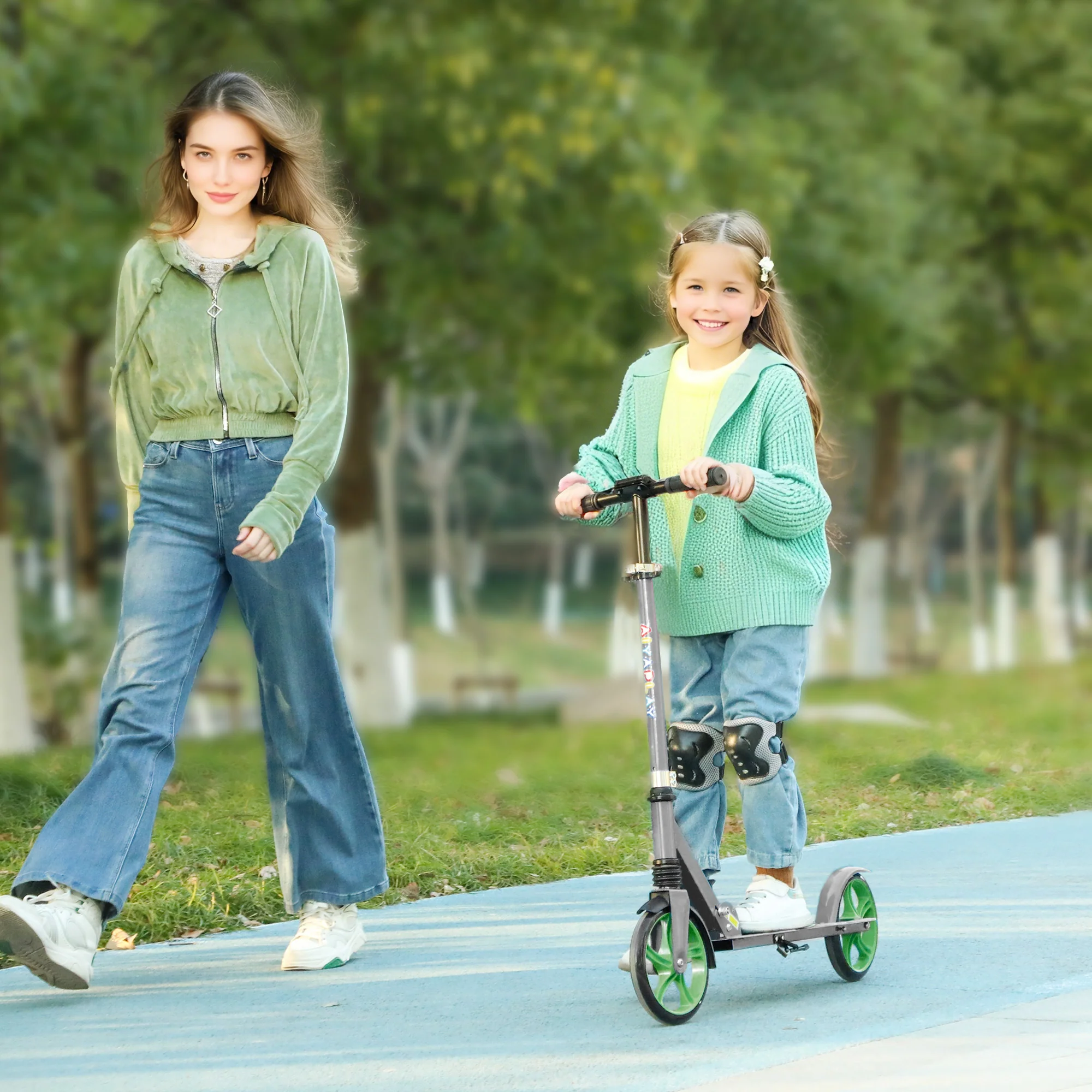 AIYAPLAY Kids Scooter, Foldable Kick Scooter W/ Adjustable Handlebar, Green - Image 2