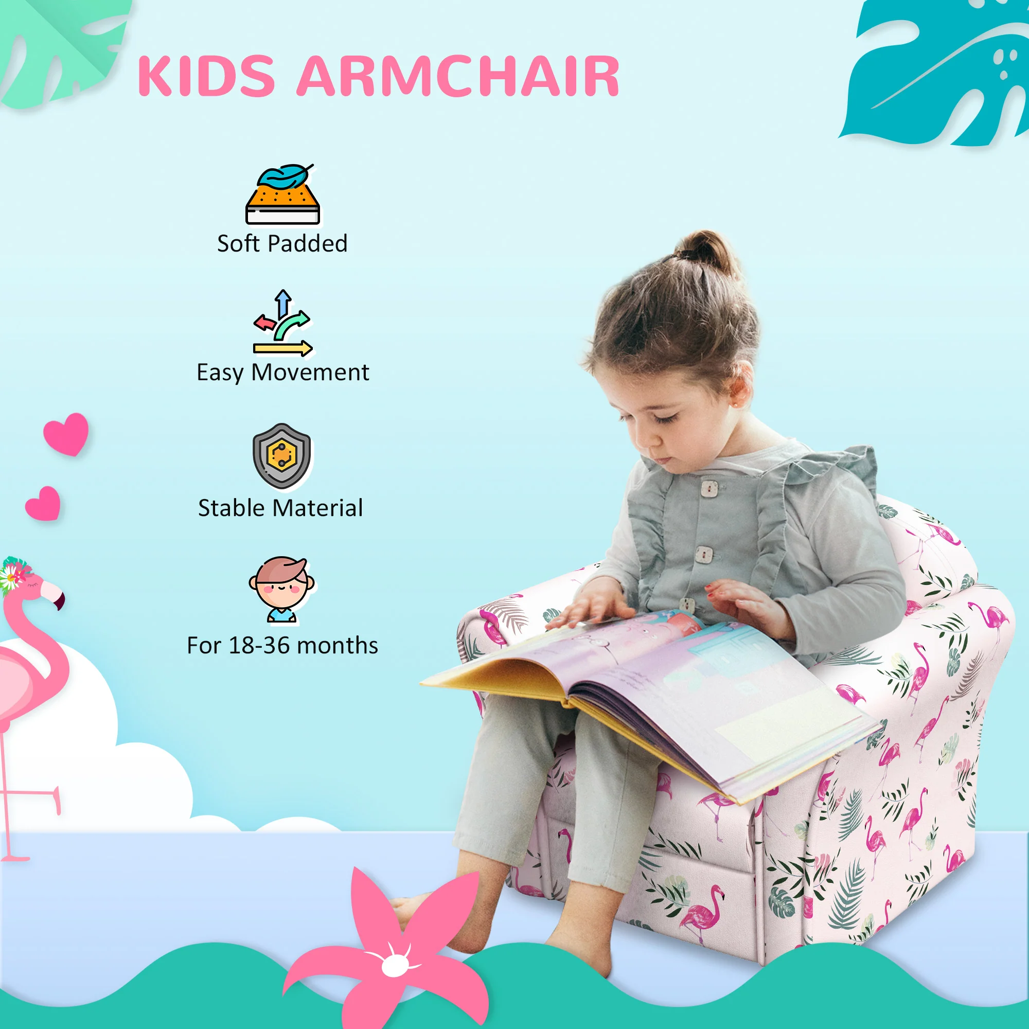 AIYAPLAY Kids Sofa Chair with Flamingo Design for Bedroom, Playroom, Pink - Image 7