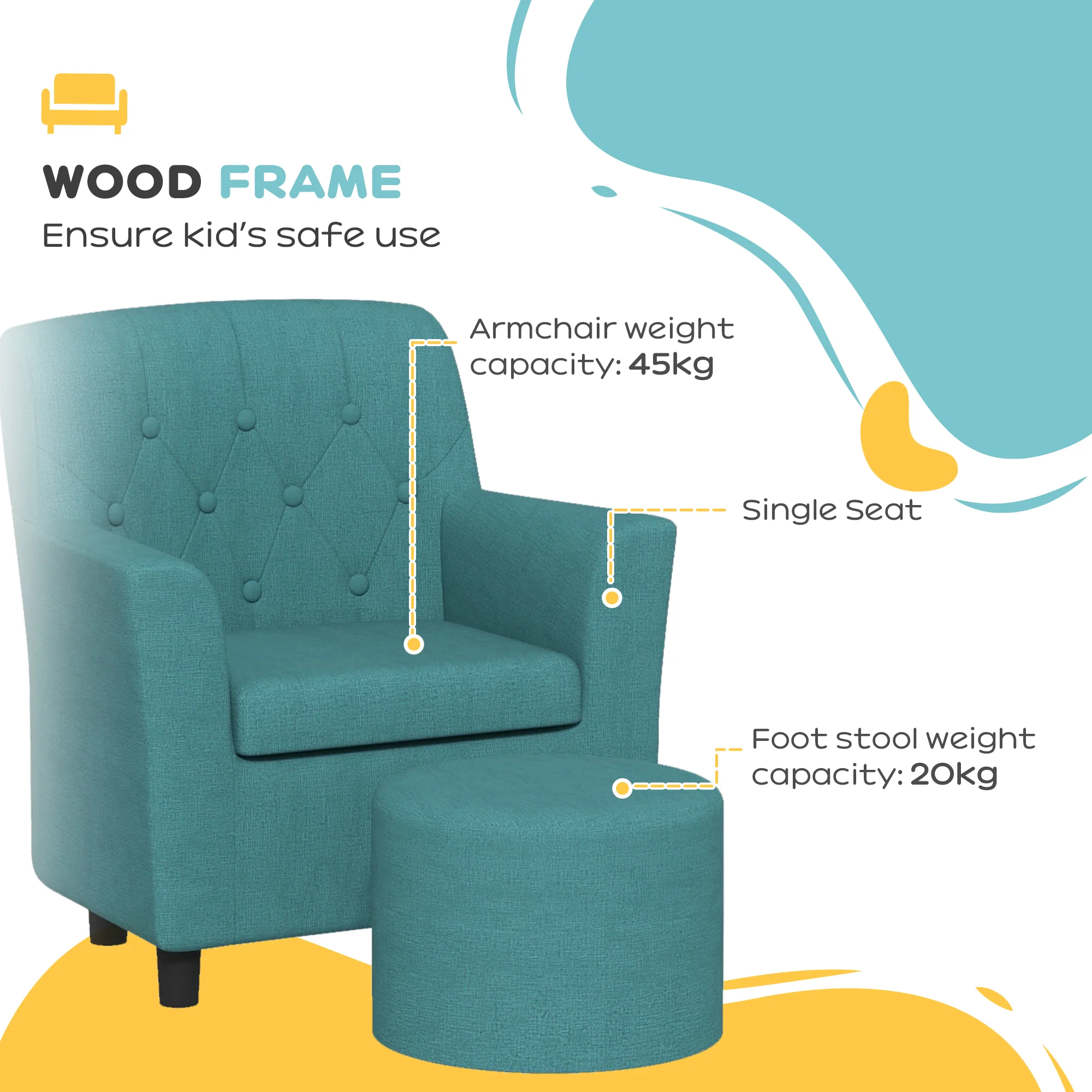AIYAPLAY Kids Sofa Set with Footrest for Playroom Bedroom, Blue - Image 4