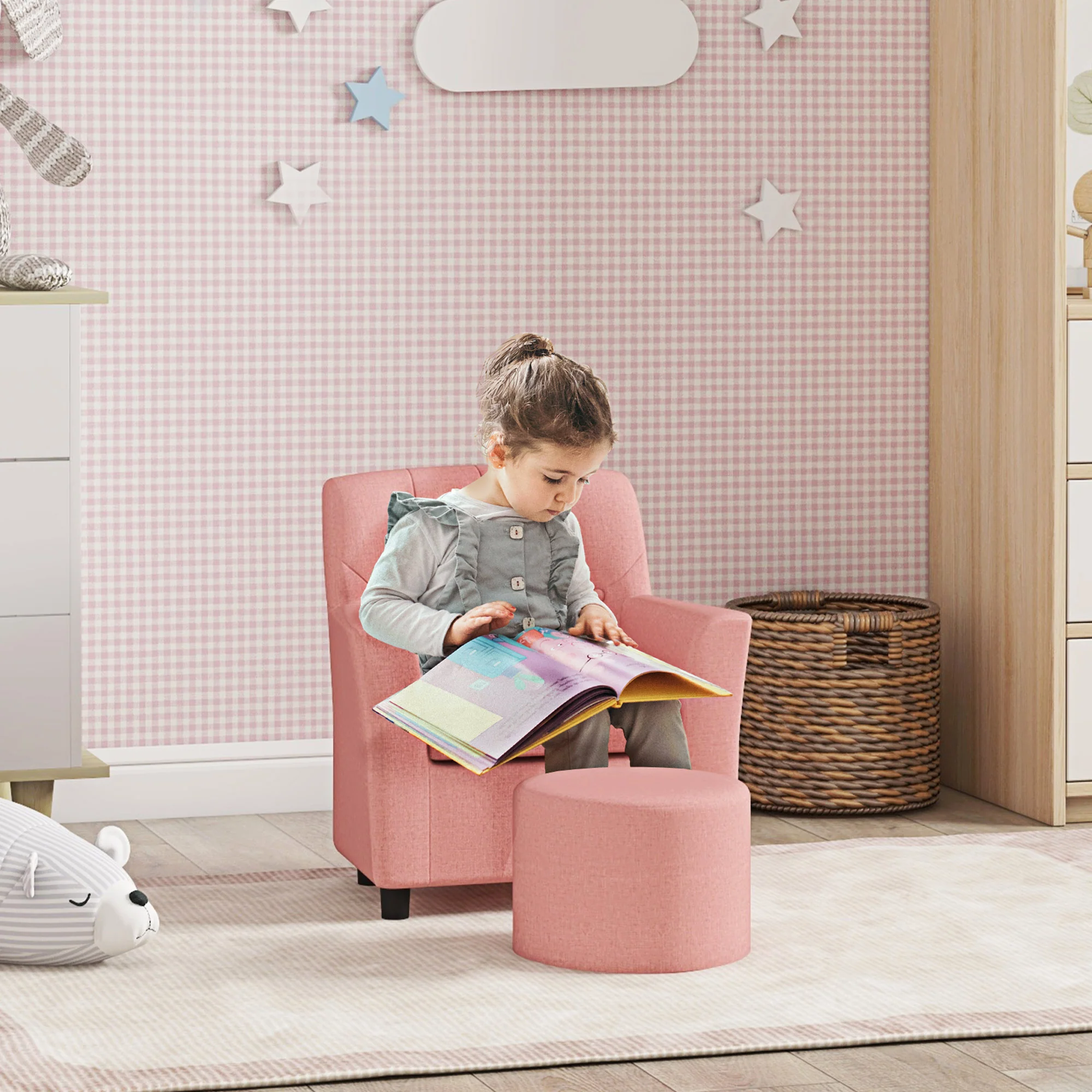 AIYAPLAY Kids Sofa Set with Footrest for Playroom Bedroom, Pink - Image 2