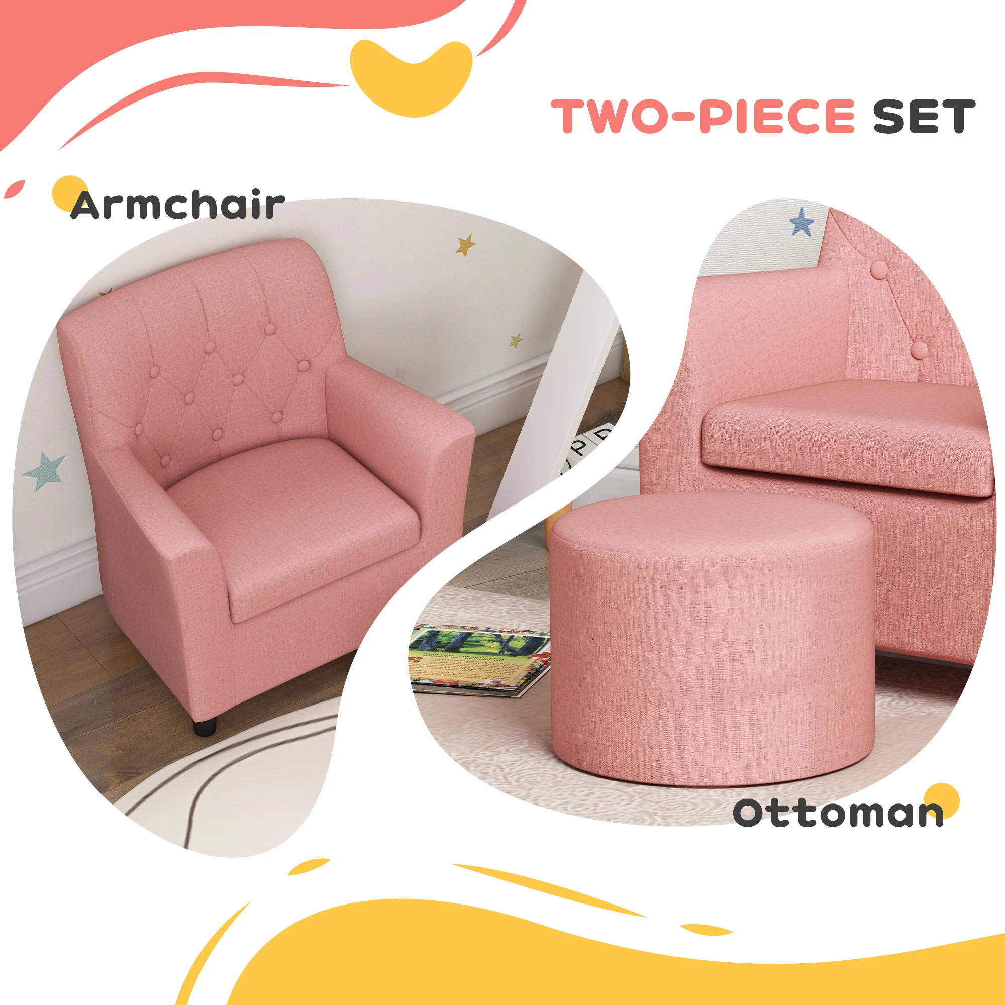 AIYAPLAY Kids Sofa Set with Footrest for Playroom Bedroom, Pink - Image 3