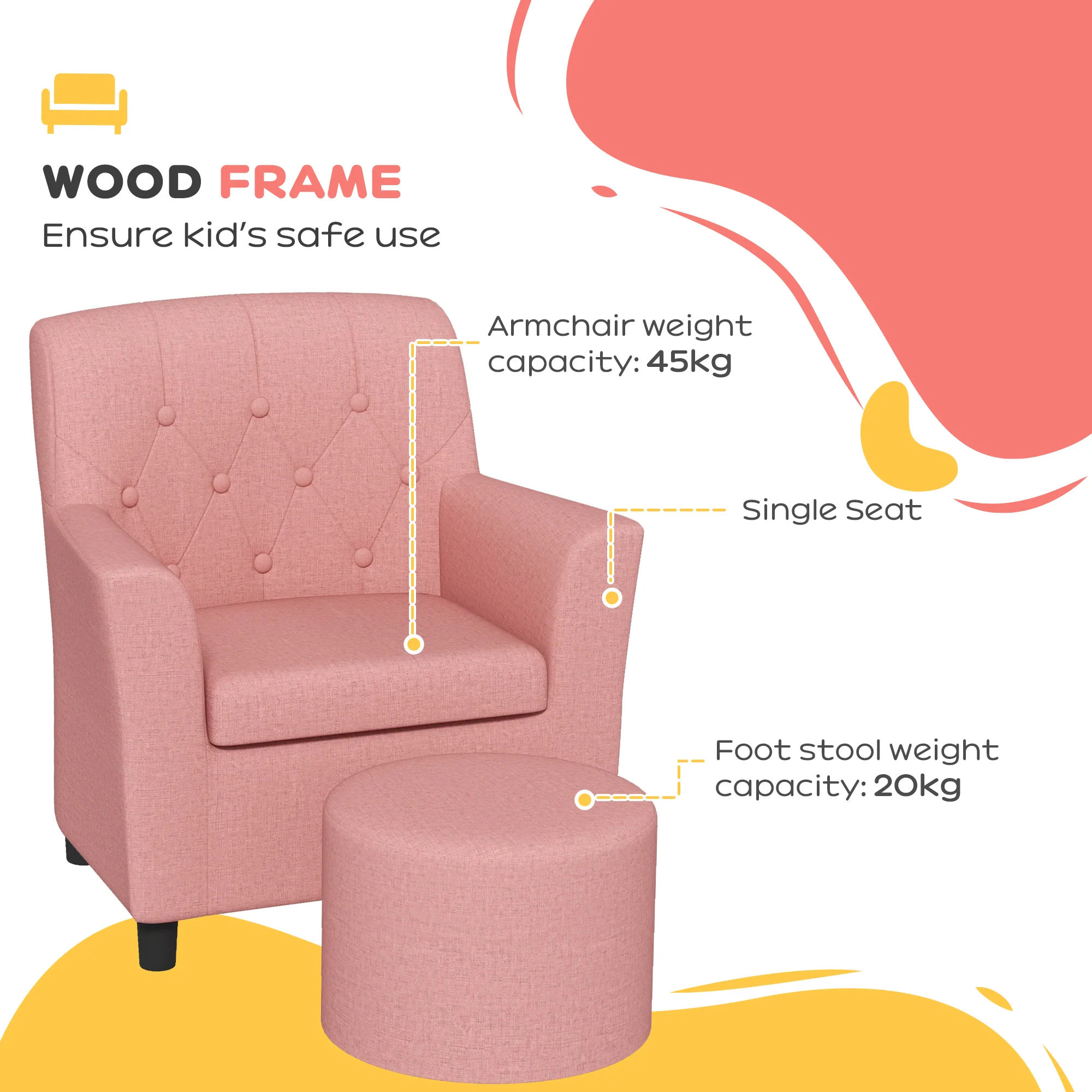 AIYAPLAY Kids Sofa Set with Footrest for Playroom Bedroom, Pink - Image 4