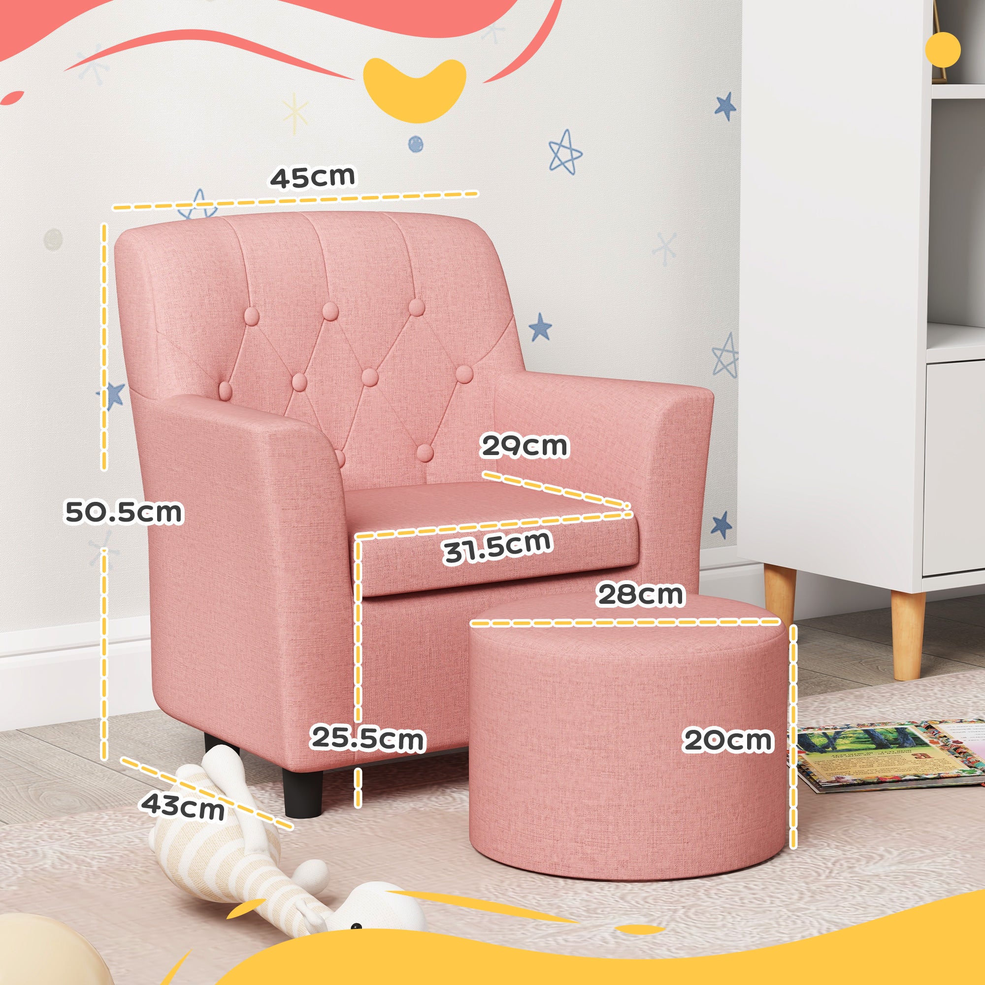 AIYAPLAY Kids Sofa Set with Footrest for Playroom Bedroom, Pink - Image 5