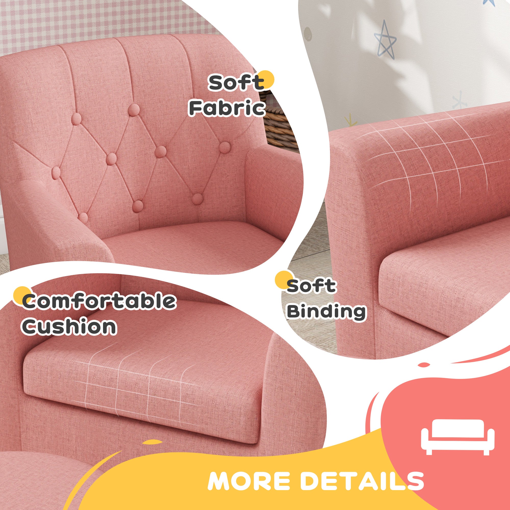 AIYAPLAY Kids Sofa Set with Footrest for Playroom Bedroom, Pink - Image 6