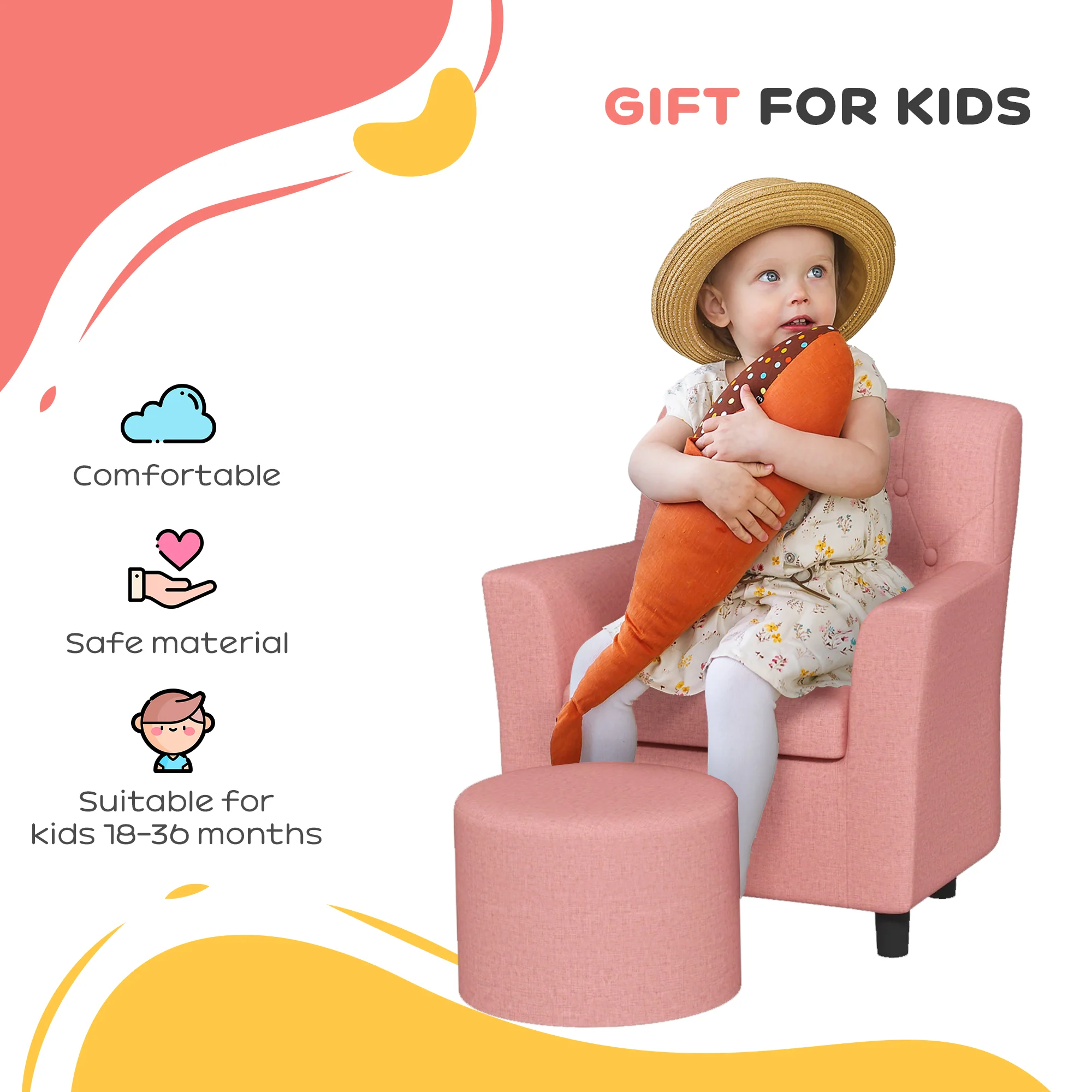 AIYAPLAY Kids Sofa Set with Footrest for Playroom Bedroom, Pink - Image 7