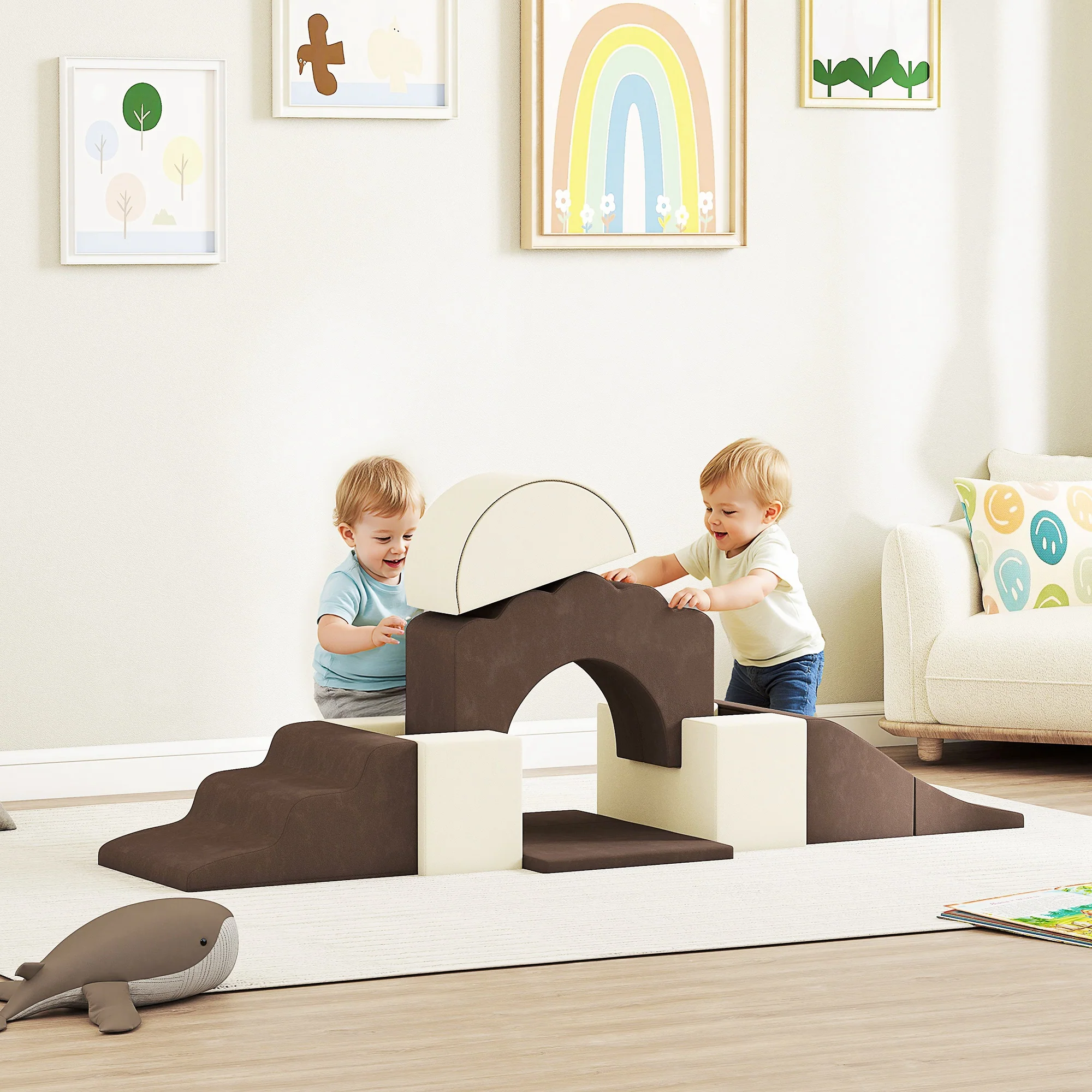AIYAPLAY Kids Soft Play Set, 7 Piece Foam Climbing Blocks, Brown - Image 2