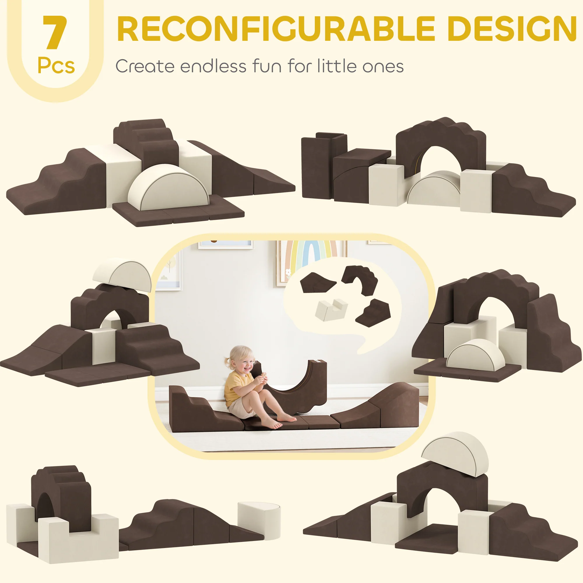 AIYAPLAY Kids Soft Play Set, 7 Piece Foam Climbing Blocks, Brown - Image 3