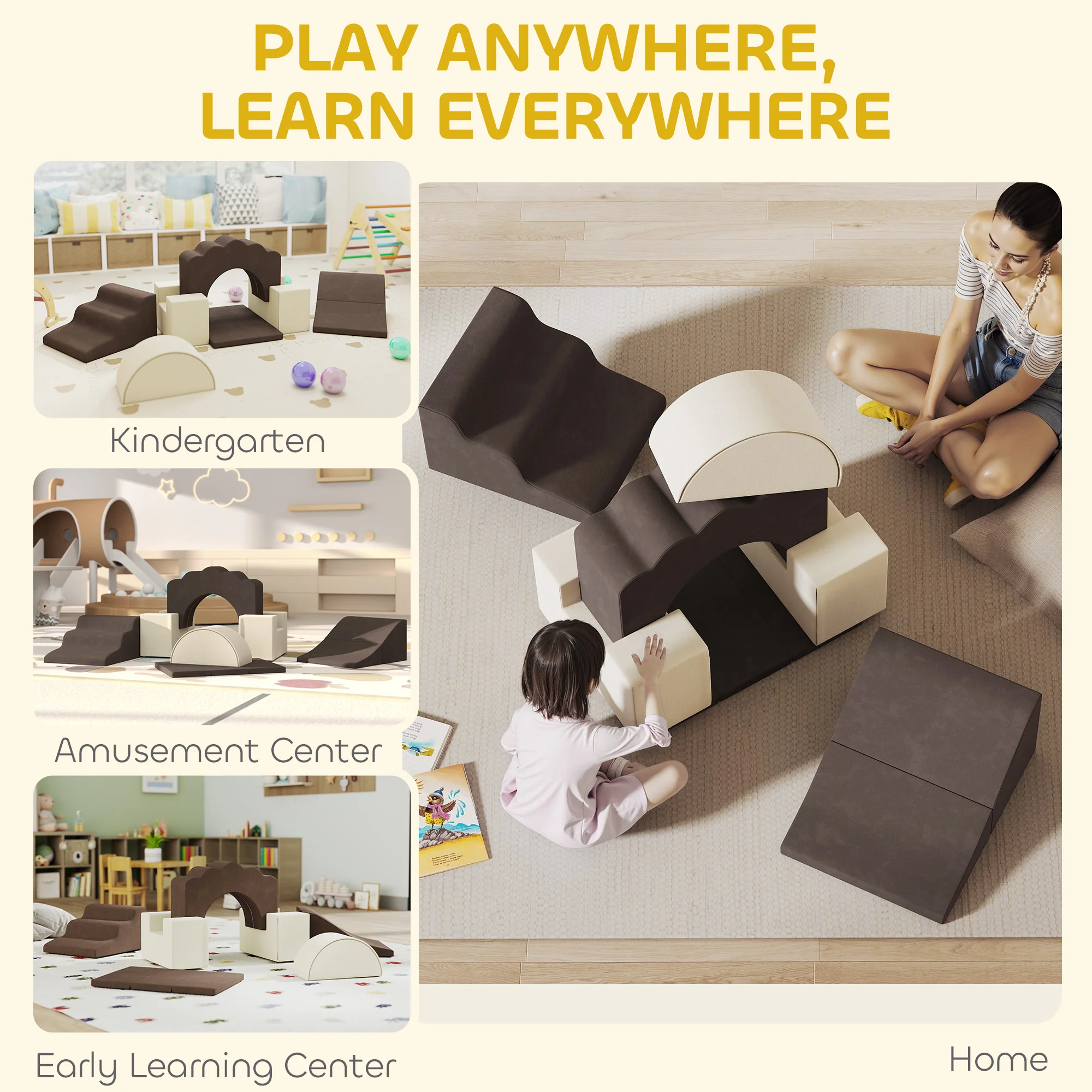 AIYAPLAY Kids Soft Play Set, 7 Piece Foam Climbing Blocks, Brown - Image 7